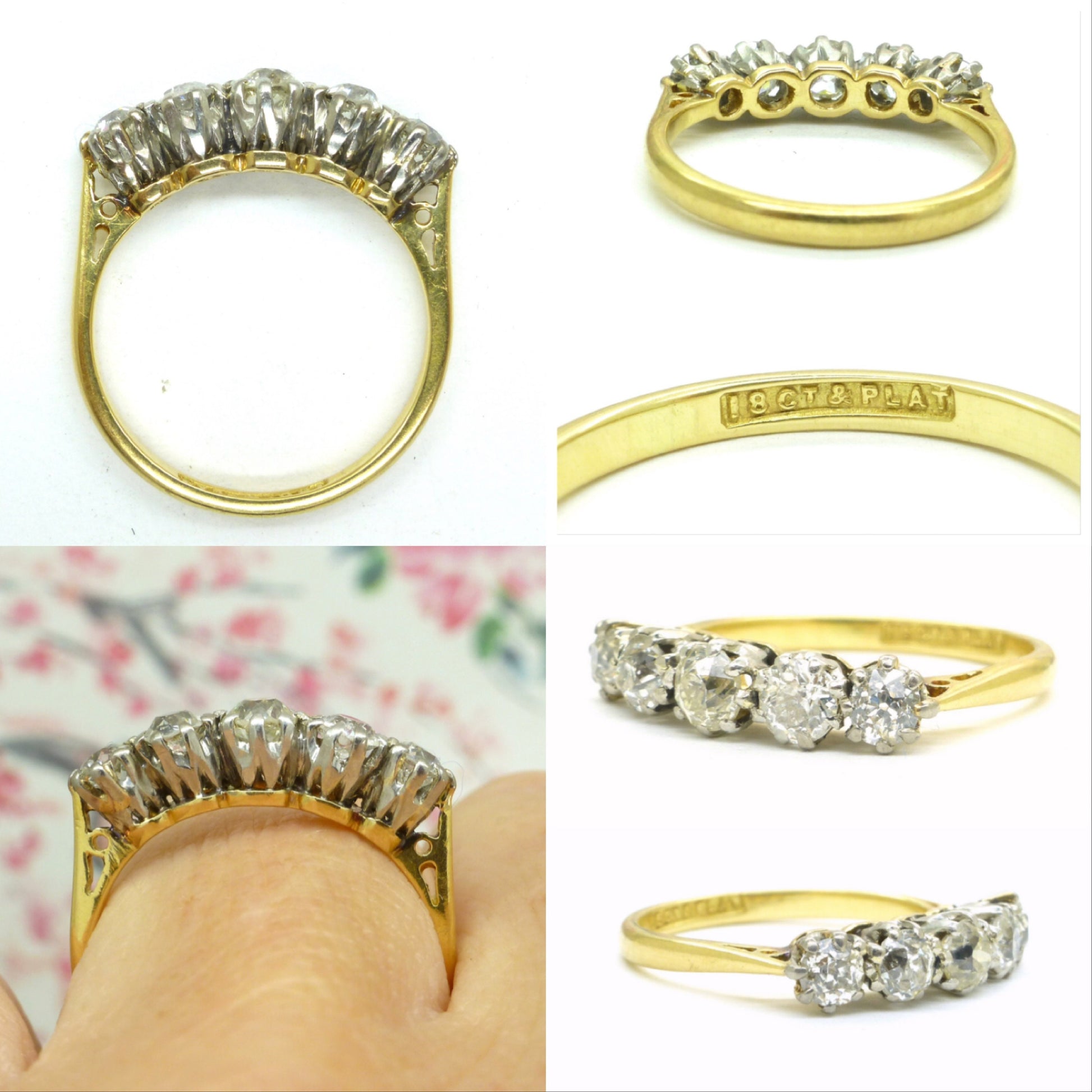 Antique Edwardian 18ct Platinum old mine cut diamond five stone ring 0.85ct c1900s -1920's