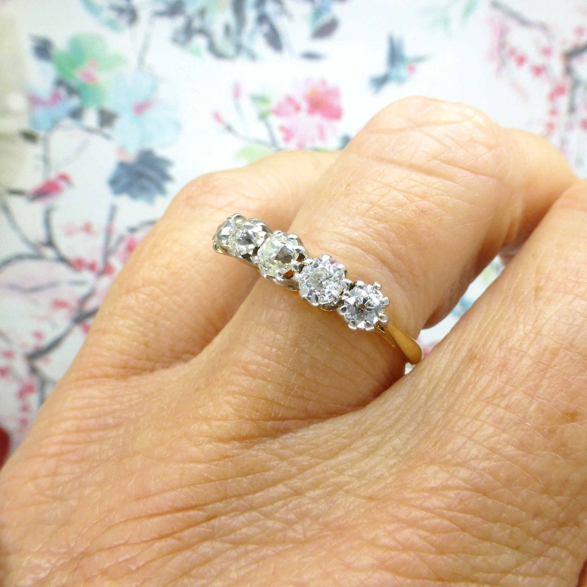Antique Edwardian 18ct Platinum old mine cut diamond five stone ring 0.85ct c1900s -1920's