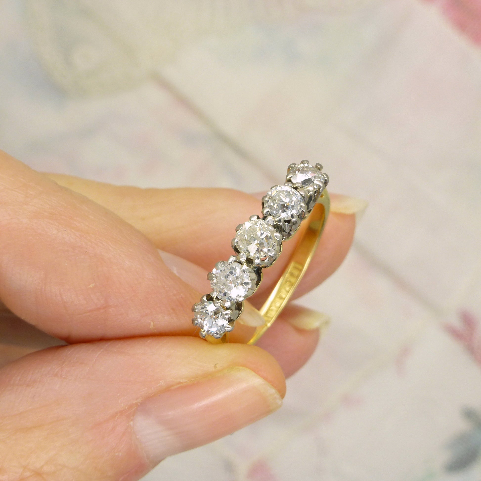 Antique Edwardian 18ct Platinum old mine cut diamond five stone ring 0.85ct c1900s -1920's