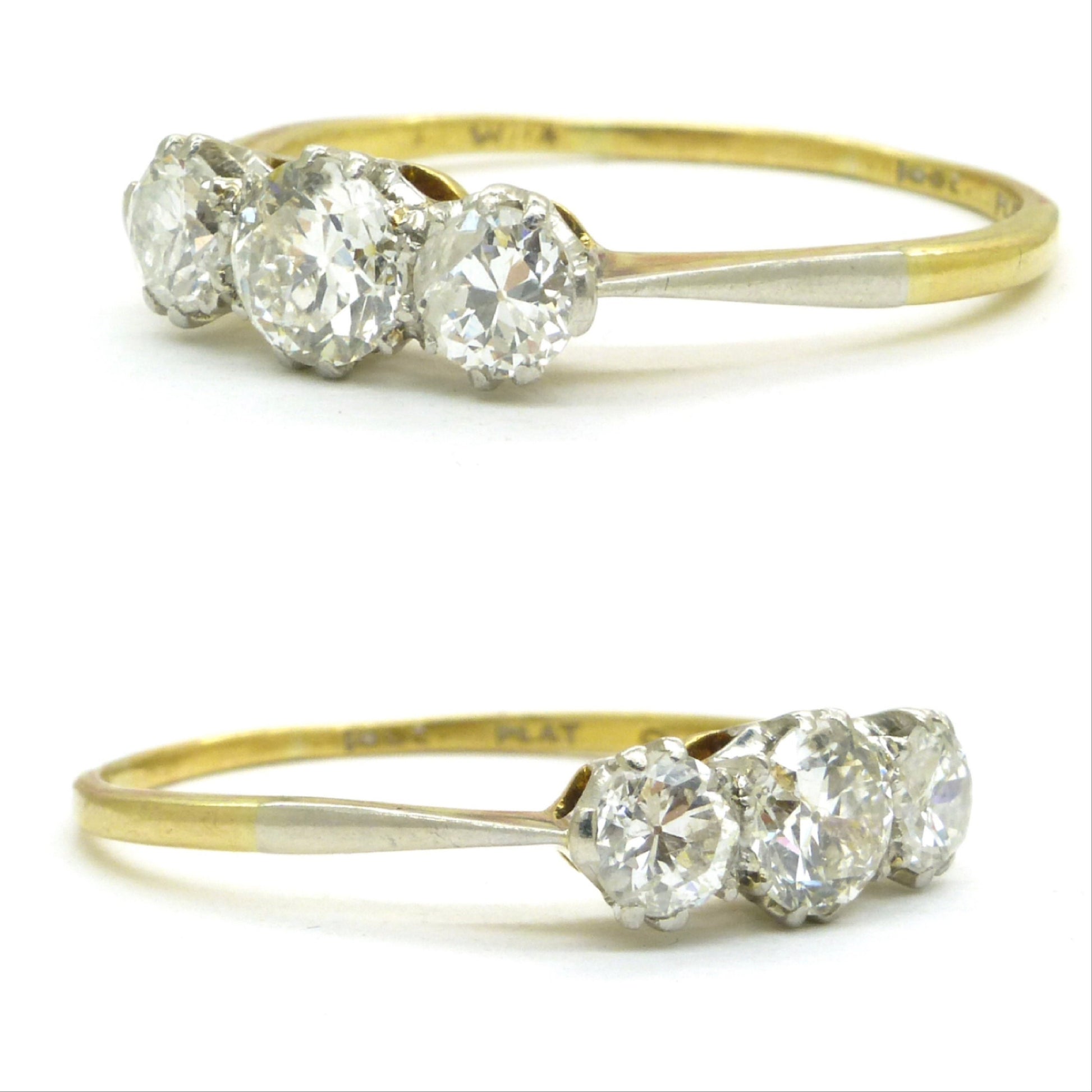 Antique 18ct Platinum old European cut diamond three stone trilogy ring 0.90ct ~ c1910's