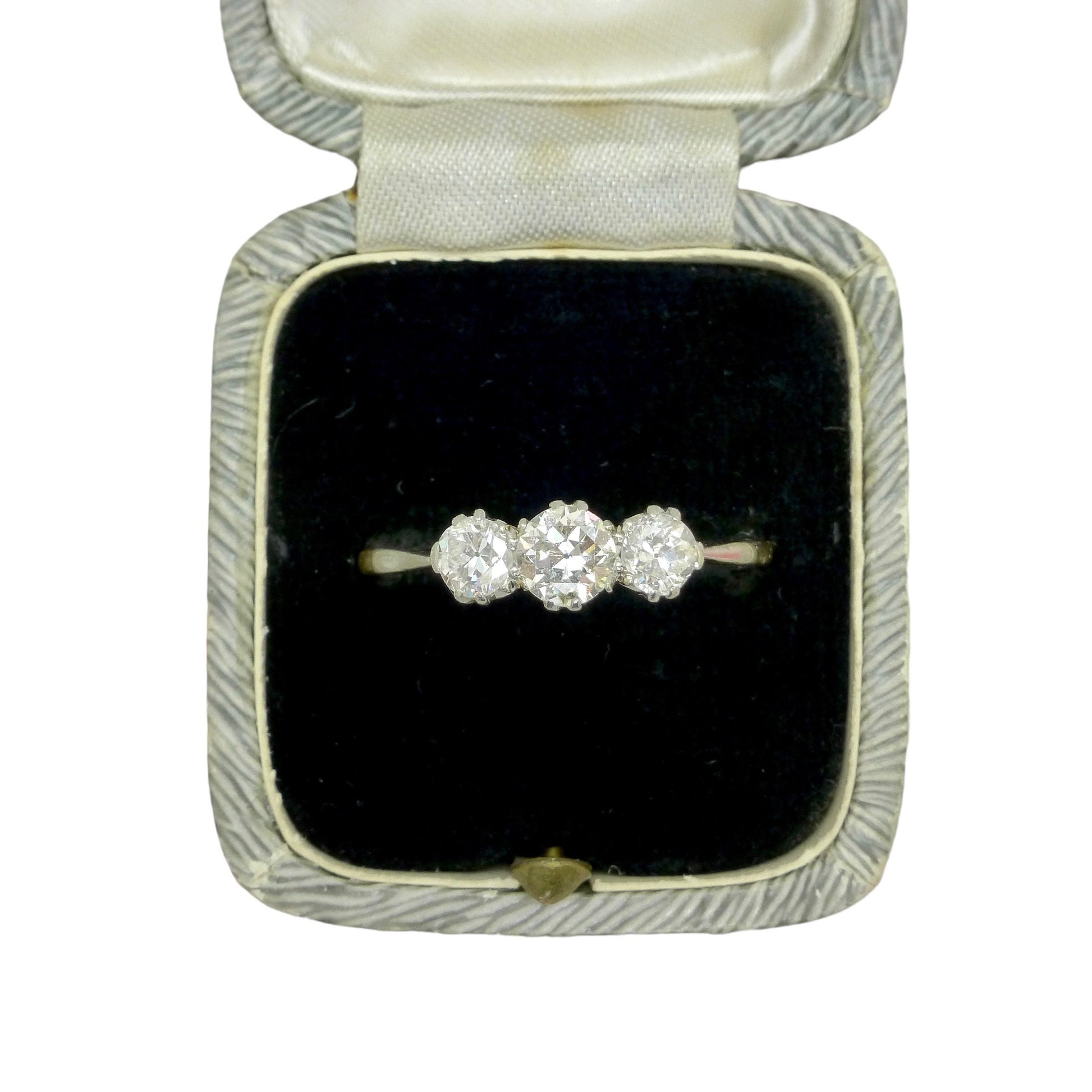 Antique 18ct Platinum old European cut diamond three stone trilogy ring 0.90ct ~ c1910's