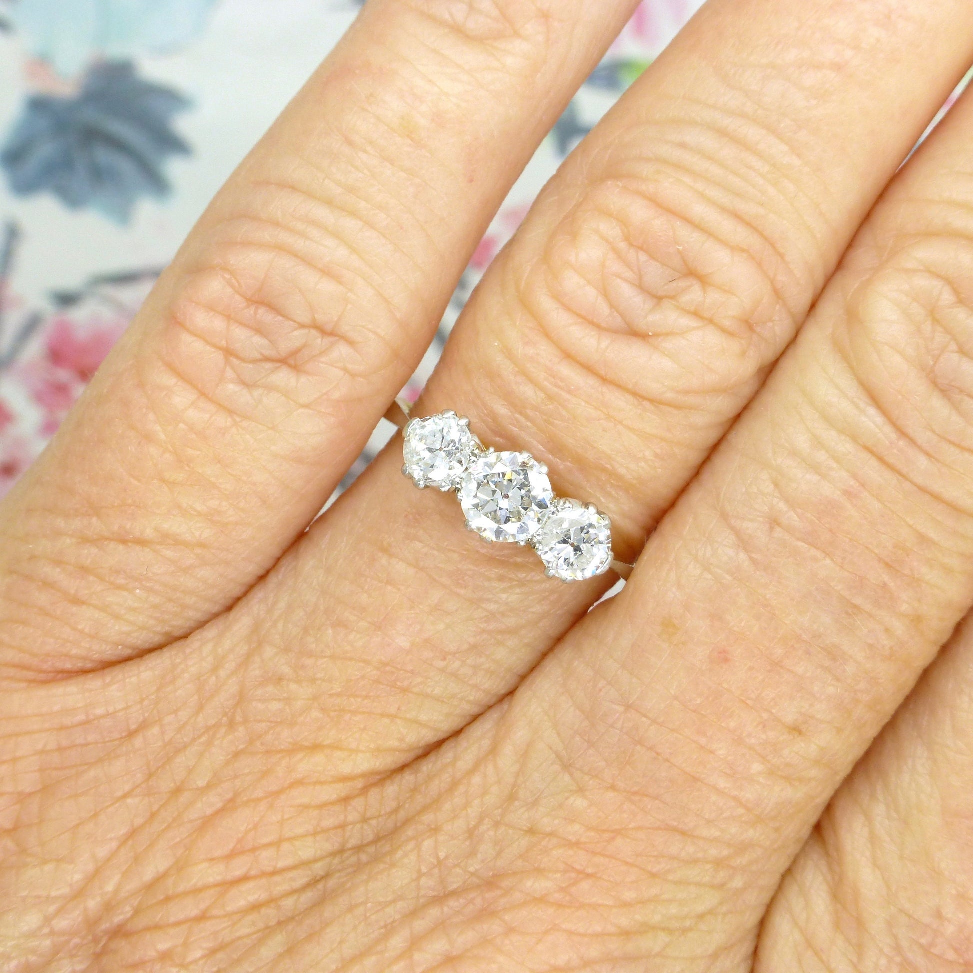 Antique 18ct Platinum old European cut diamond three stone trilogy ring 0.90ct ~ c1910's