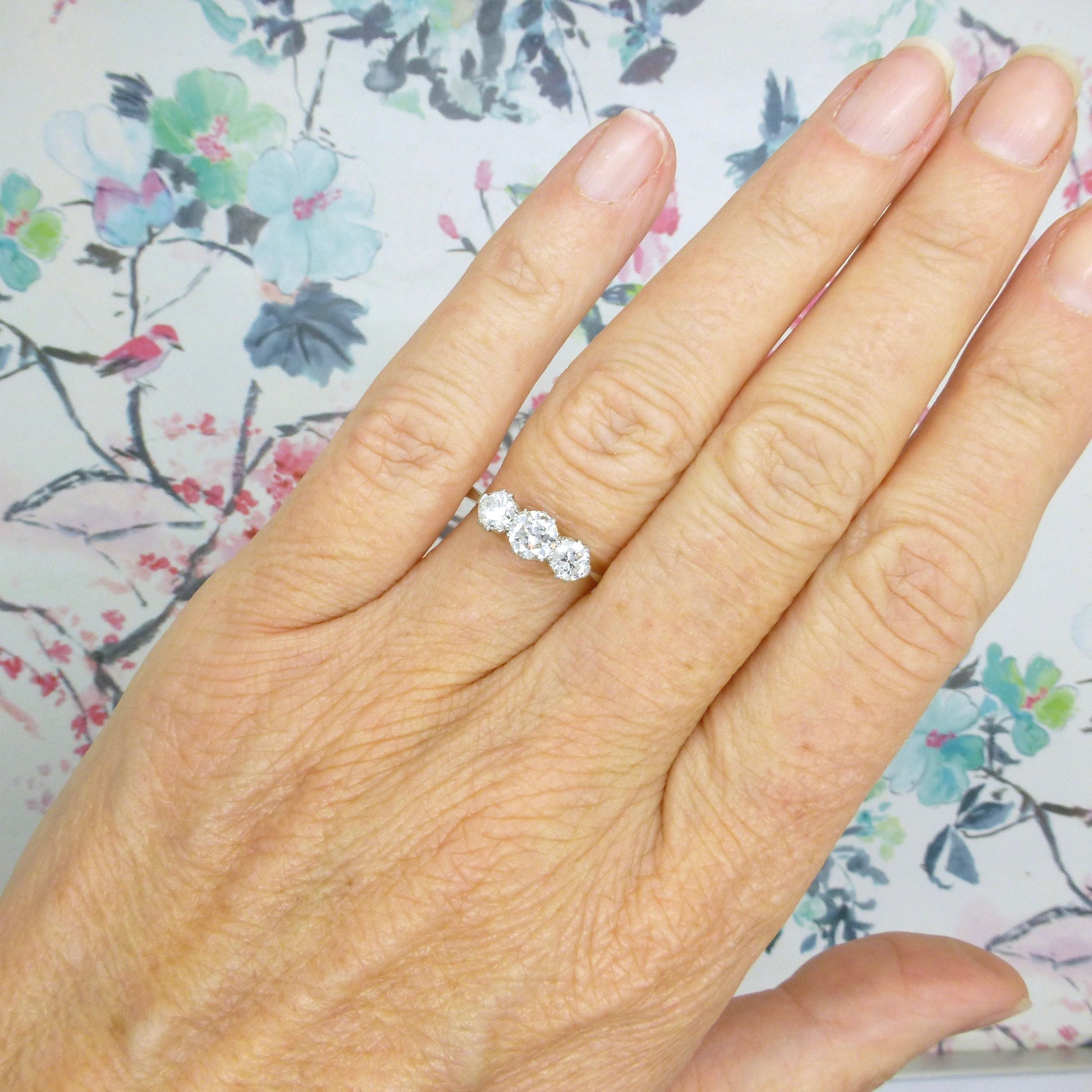 Antique 18ct Platinum old European cut diamond three stone trilogy ring 0.90ct ~ c1910's