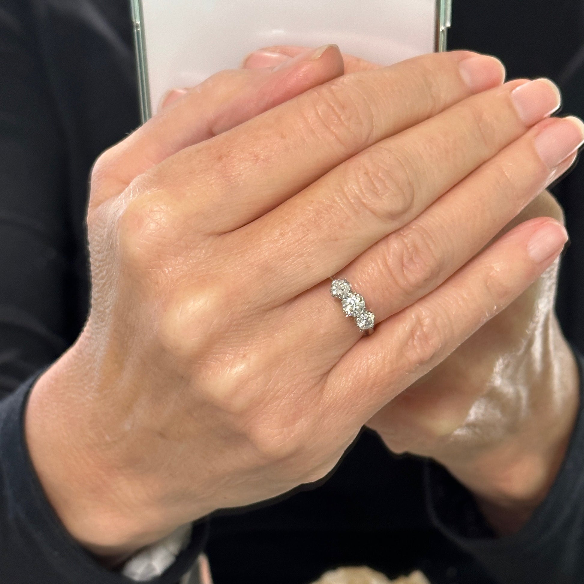 Antique 18ct Platinum old European cut diamond three stone trilogy ring 0.90ct ~ c1910's