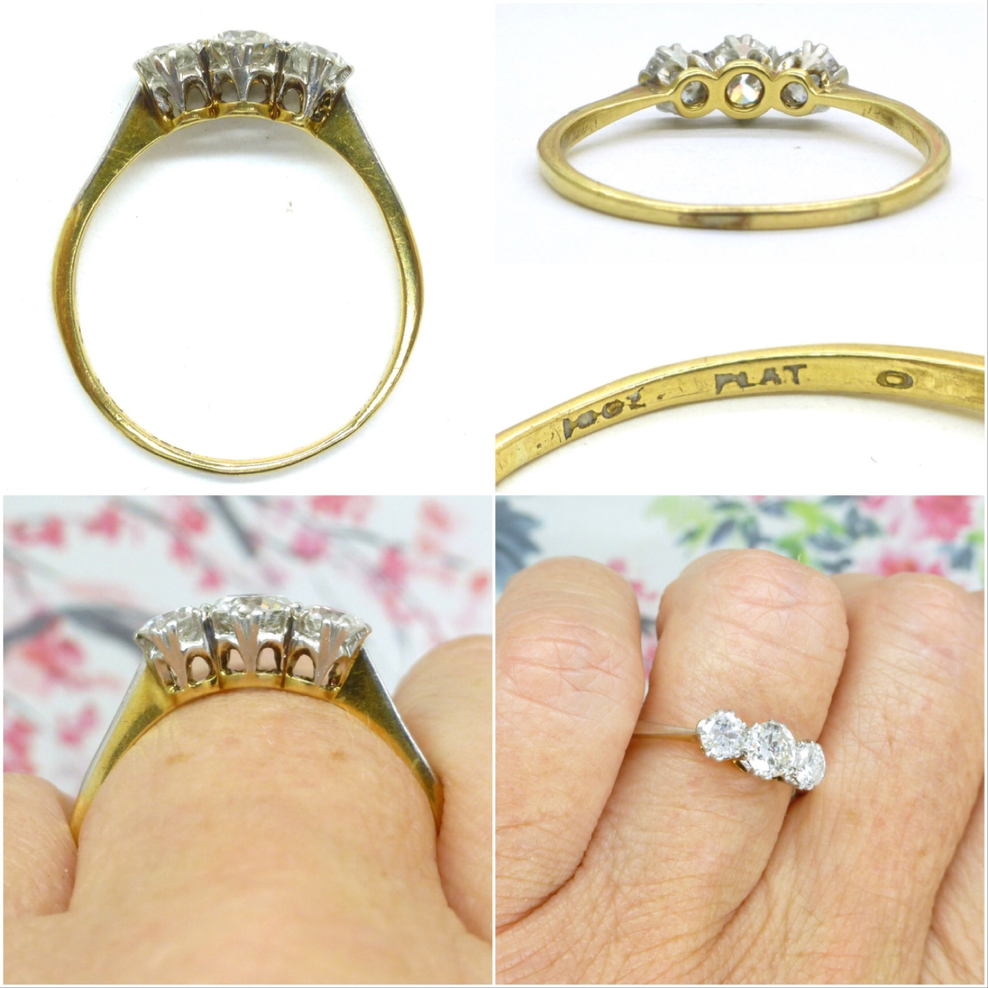 Antique 18ct Platinum old European cut diamond three stone trilogy ring 0.90ct ~ c1910's