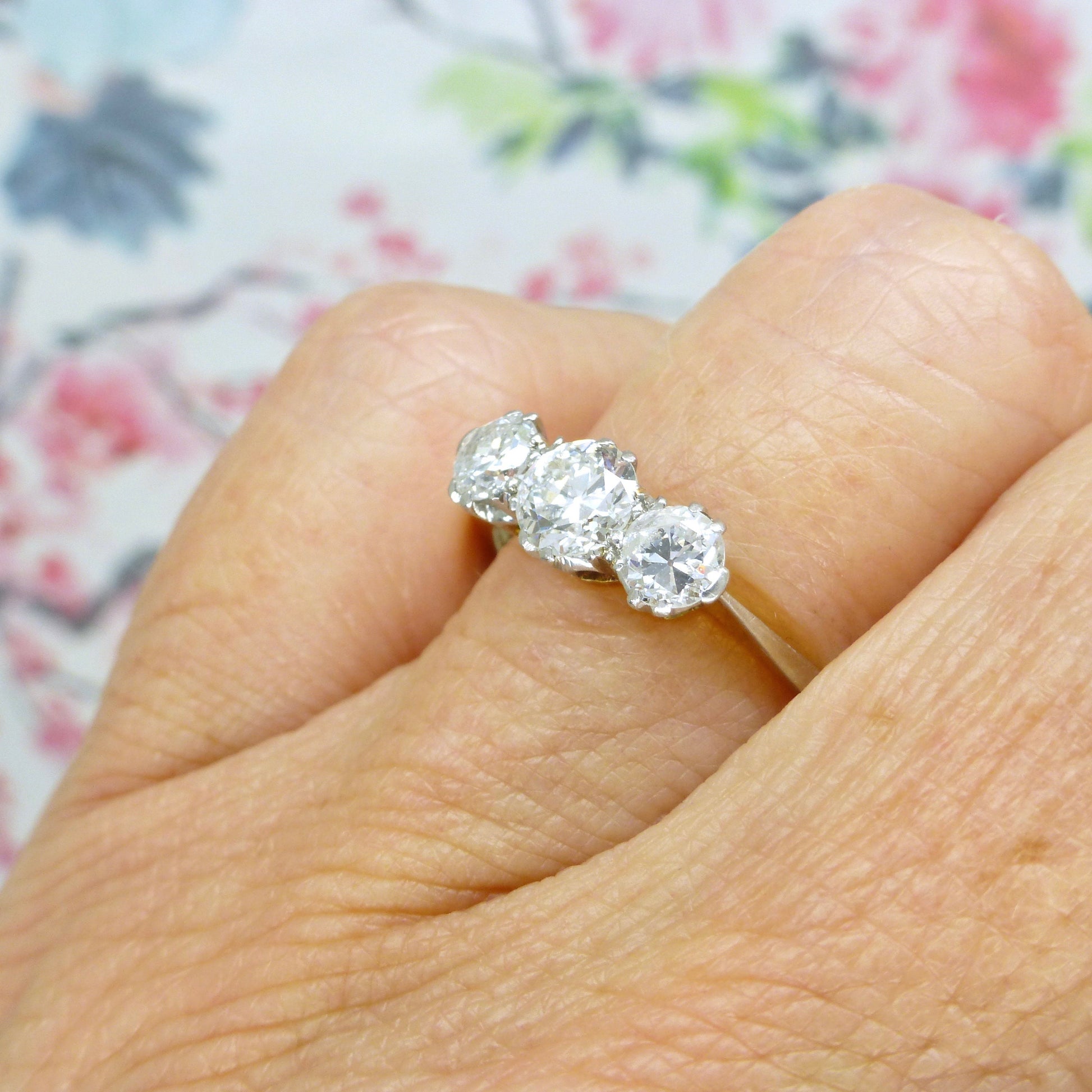 Antique 18ct Platinum old European cut diamond three stone trilogy ring 0.90ct ~ c1910's