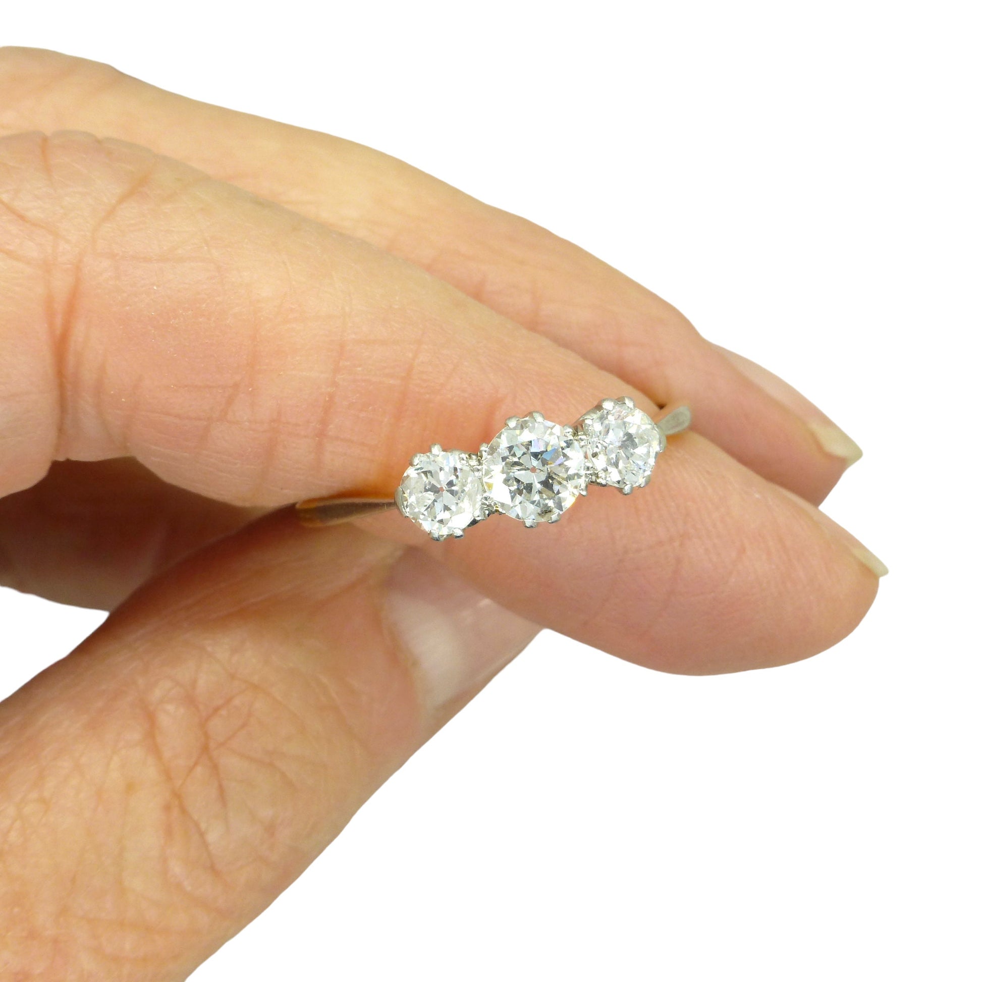 Antique 18ct Platinum old European cut diamond three stone trilogy ring 0.90ct ~ c1910's