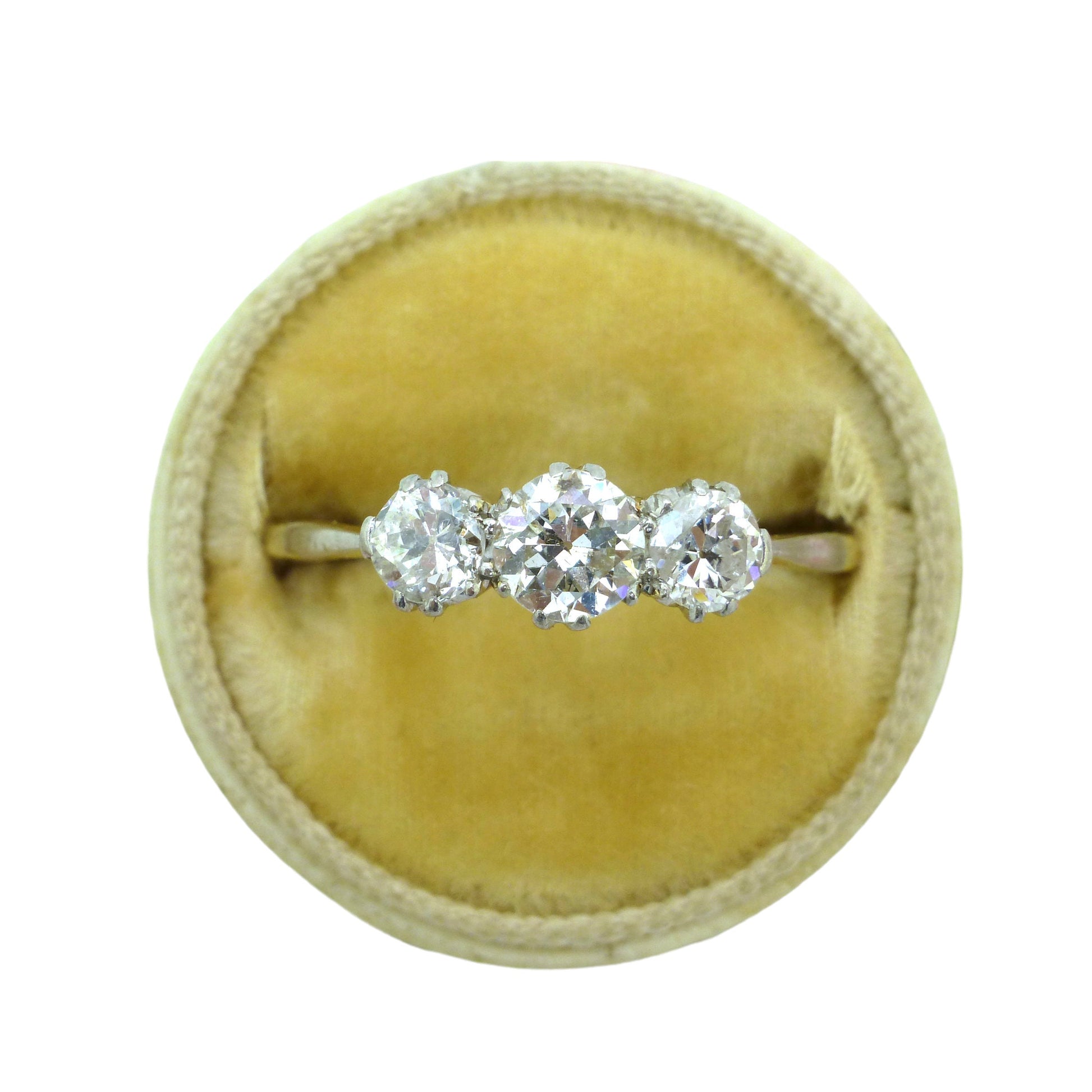 Antique 18ct Platinum old European cut diamond three stone trilogy ring 0.90ct ~ c1910's