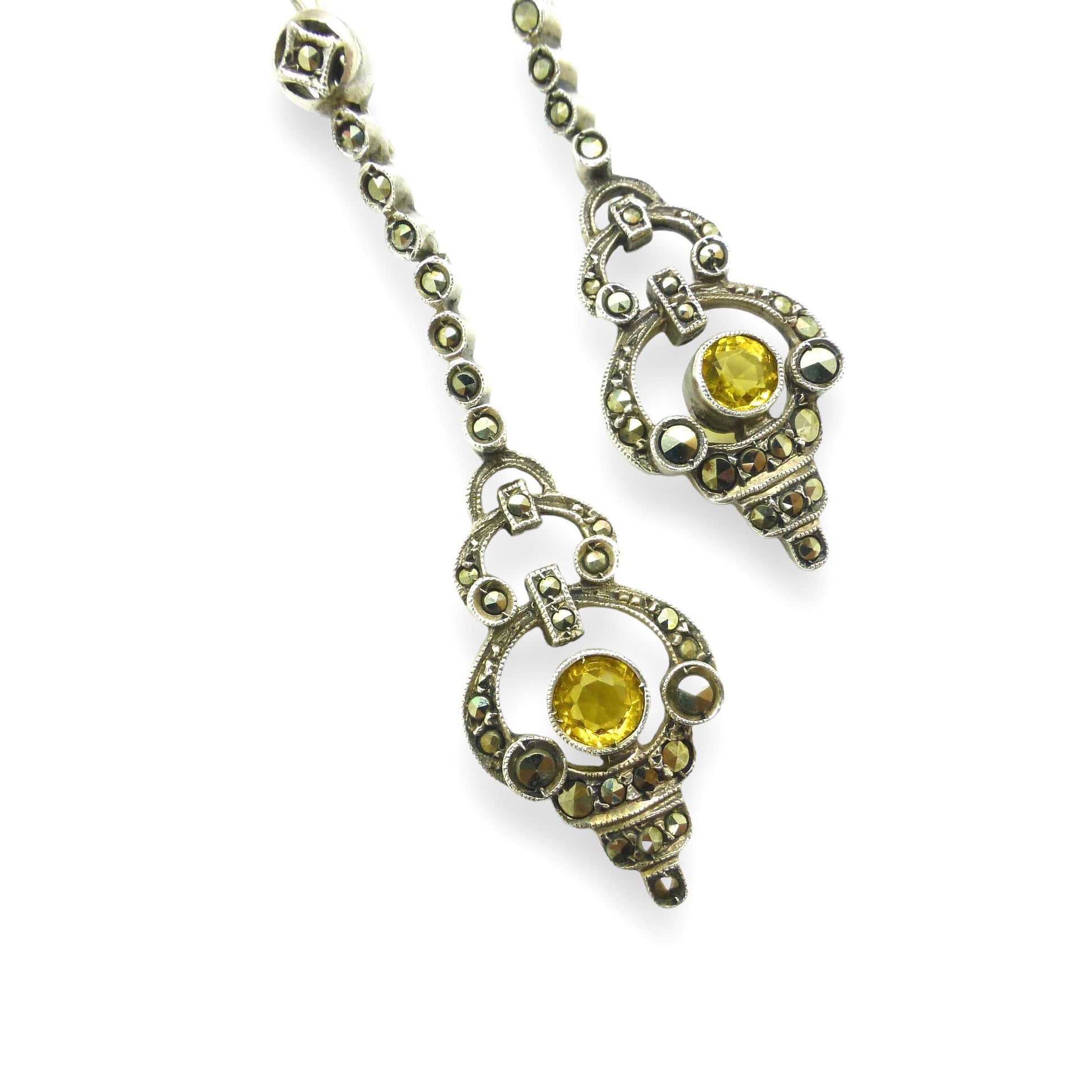 Authentic Art Deco silver marcasite & citrine dangle drop earrings 1920's ~ Hooks for pierced ears