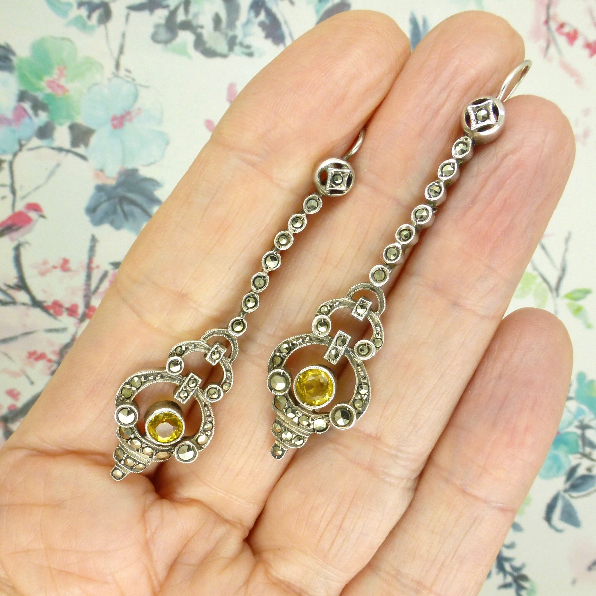Authentic Art Deco silver marcasite & citrine dangle drop earrings 1920's ~ Hooks for pierced ears