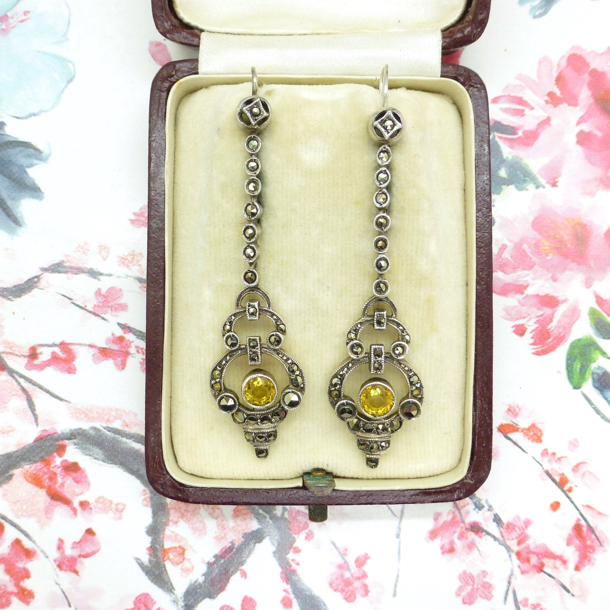 Authentic Art Deco silver marcasite & citrine dangle drop earrings 1920's ~ Hooks for pierced ears