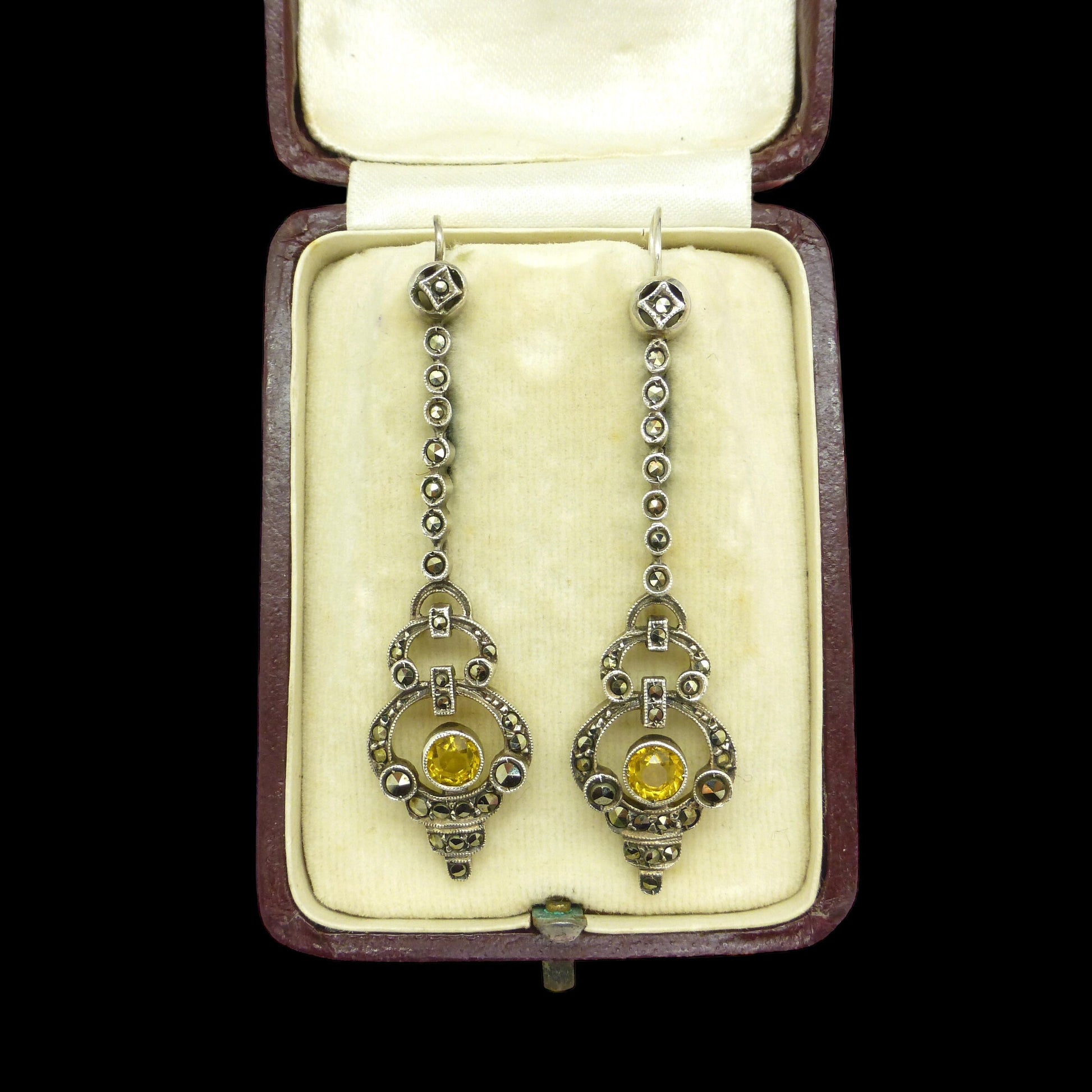 Authentic Art Deco silver marcasite & citrine dangle drop earrings 1920's ~ Hooks for pierced ears