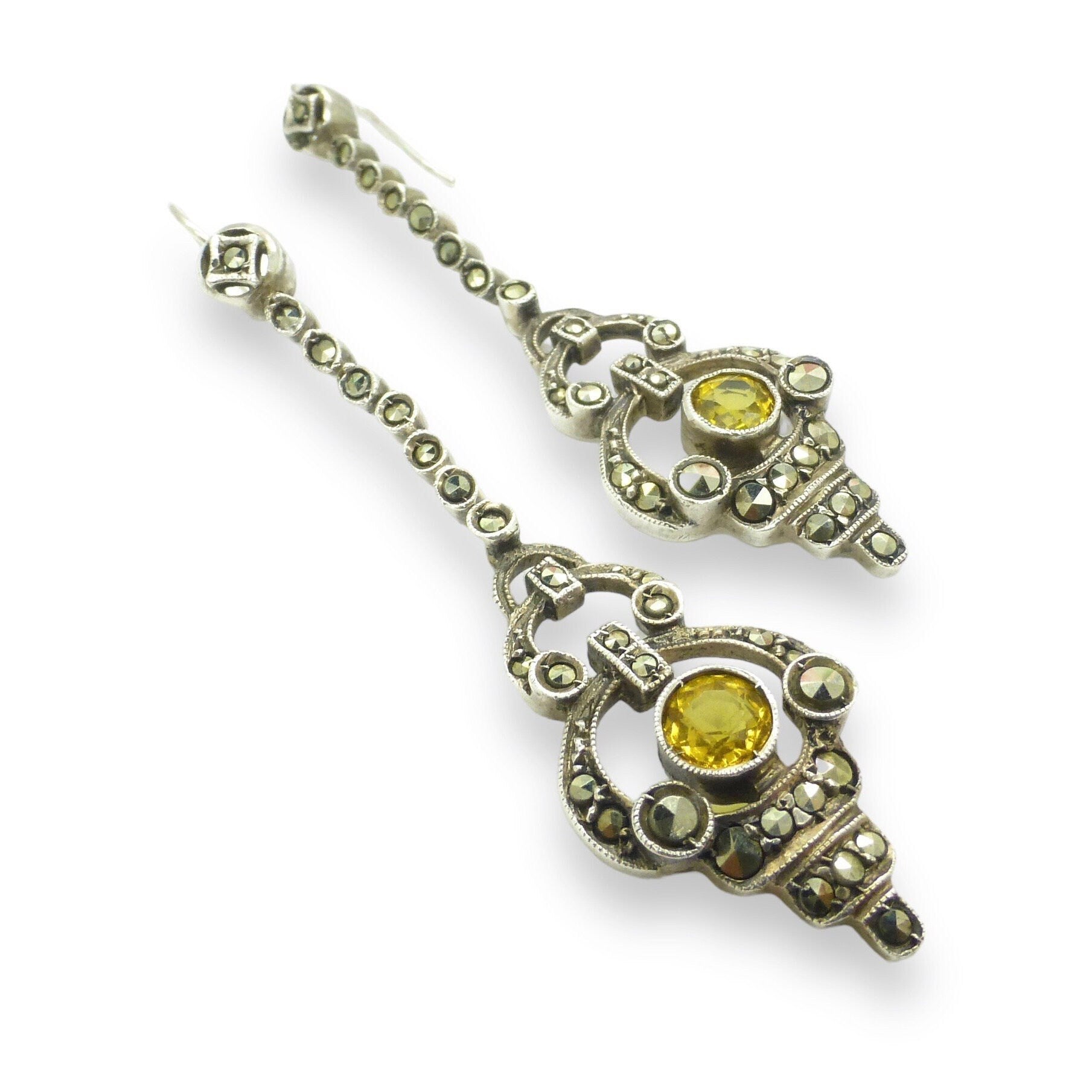 Authentic Art Deco silver marcasite & citrine dangle drop earrings 1920's ~ Hooks for pierced ears