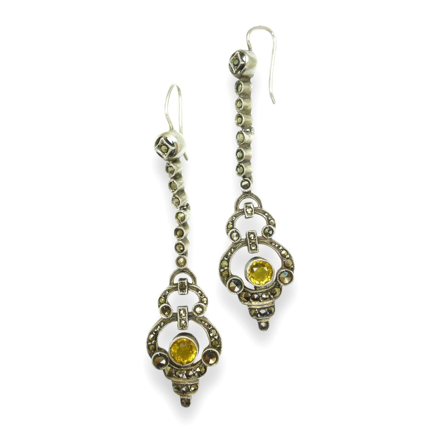 Authentic Art Deco silver marcasite & citrine dangle drop earrings 1920's ~ Hooks for pierced ears