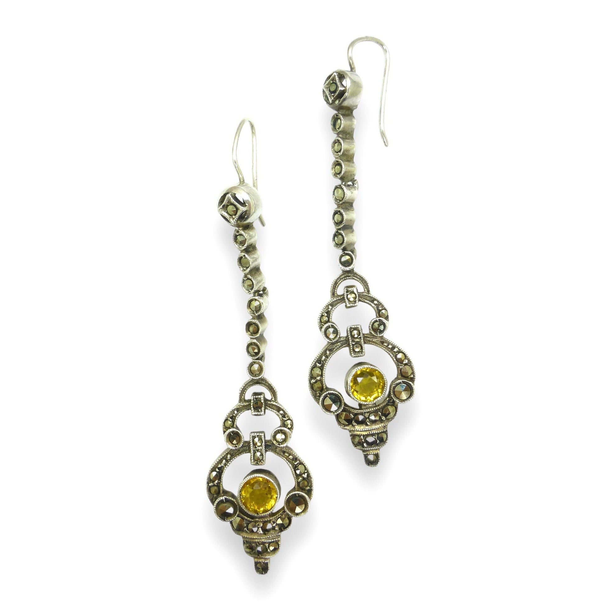 Authentic Art Deco silver marcasite & citrine dangle drop earrings 1920's ~ Hooks for pierced ears