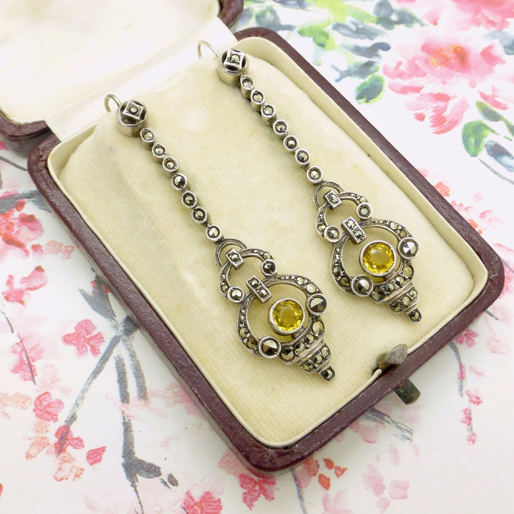 Authentic Art Deco silver marcasite & citrine dangle drop earrings 1920's ~ Hooks for pierced ears