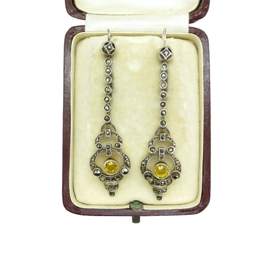 Authentic Art Deco silver marcasite & citrine dangle drop earrings 1920's ~ Hooks for pierced ears