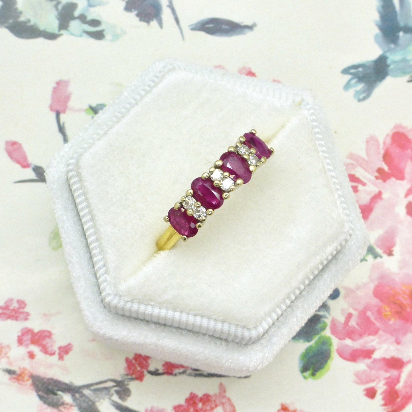 Vintage 18ct gold four stone ruby & diamond ring ~ engagement ~ anniversary