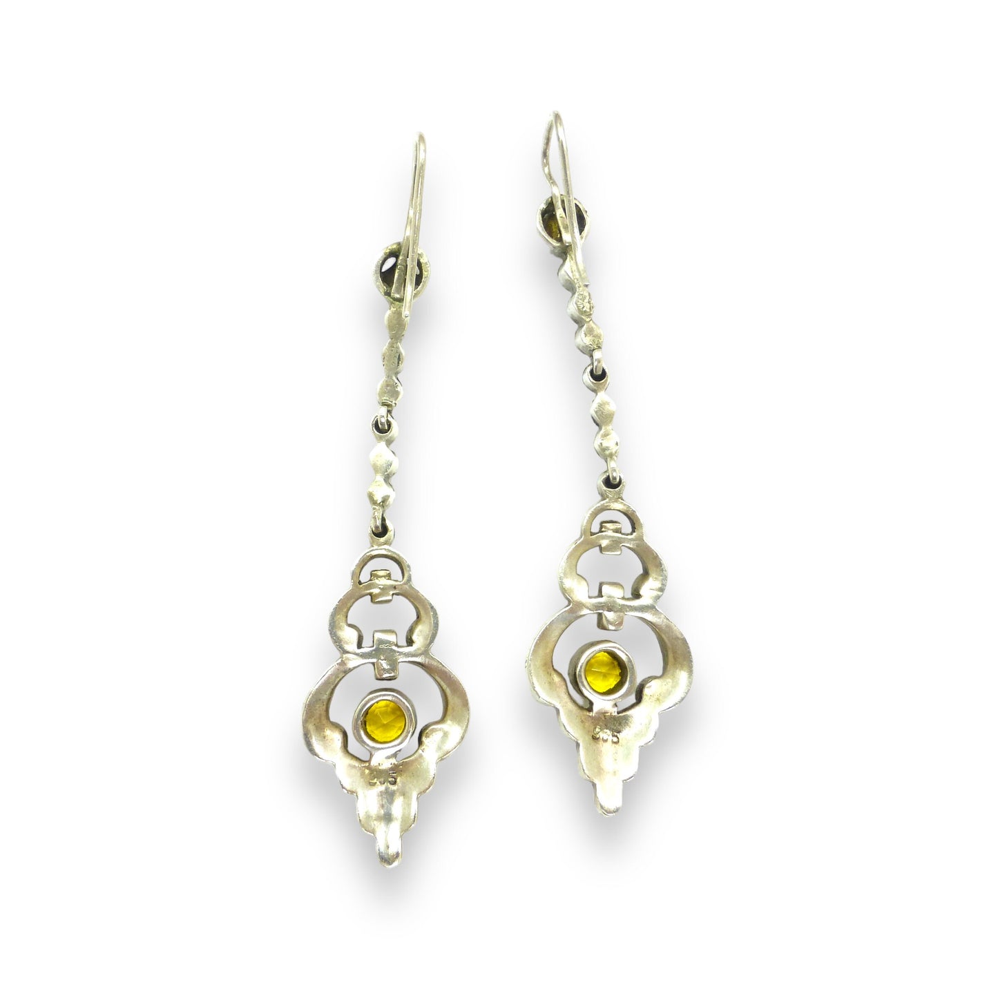 Authentic Art Deco silver marcasite & citrine dangle drop earrings 1920's ~ Hooks for pierced ears