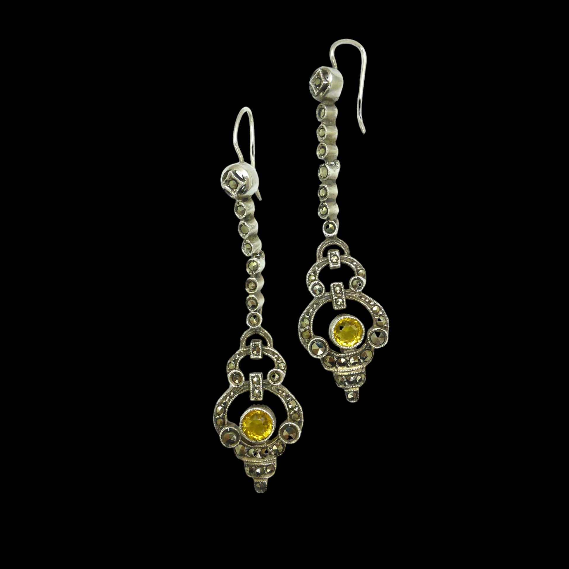 Authentic Art Deco silver marcasite & citrine dangle drop earrings 1920's ~ Hooks for pierced ears
