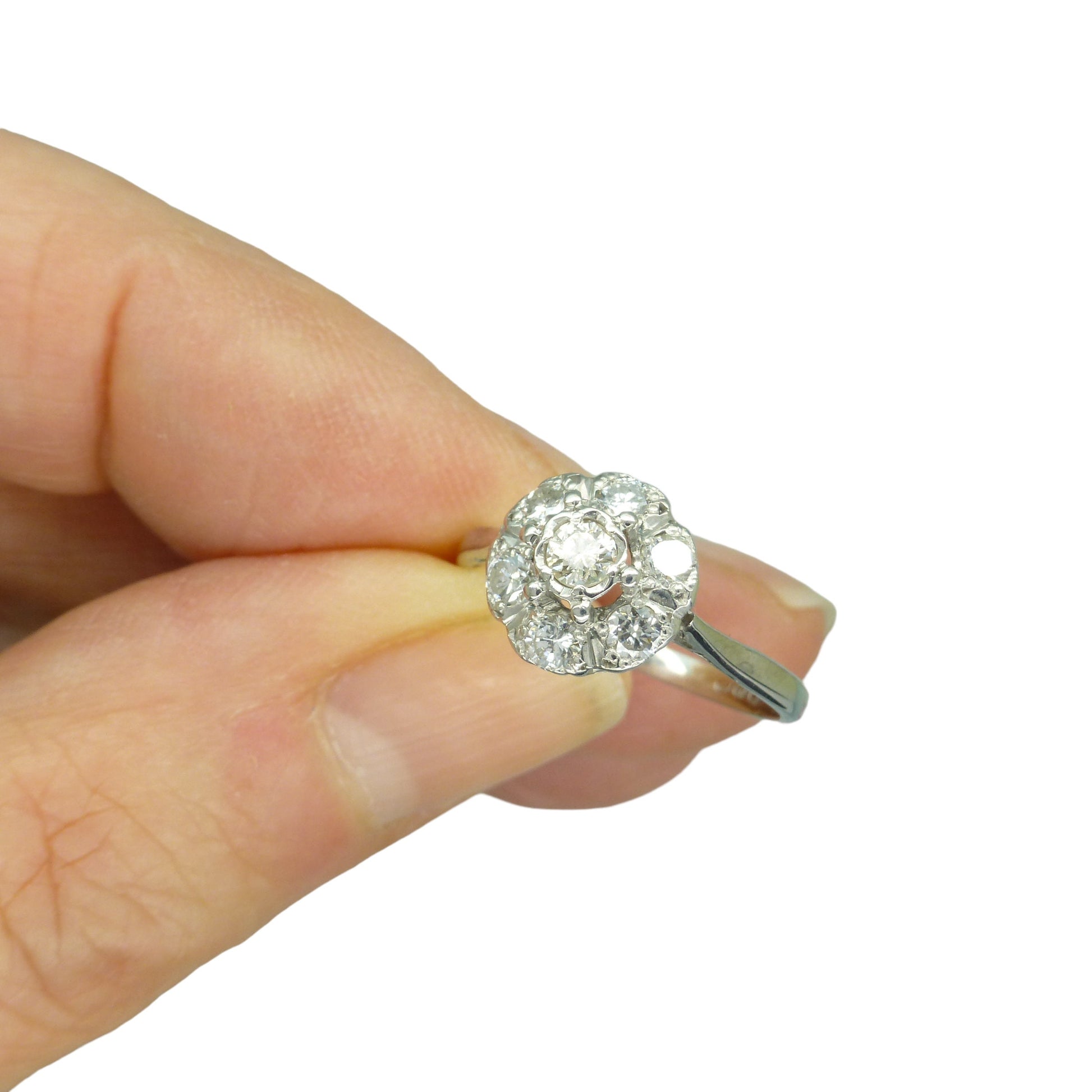Vintage 9ct white gold diamond cluster halo engagement ring