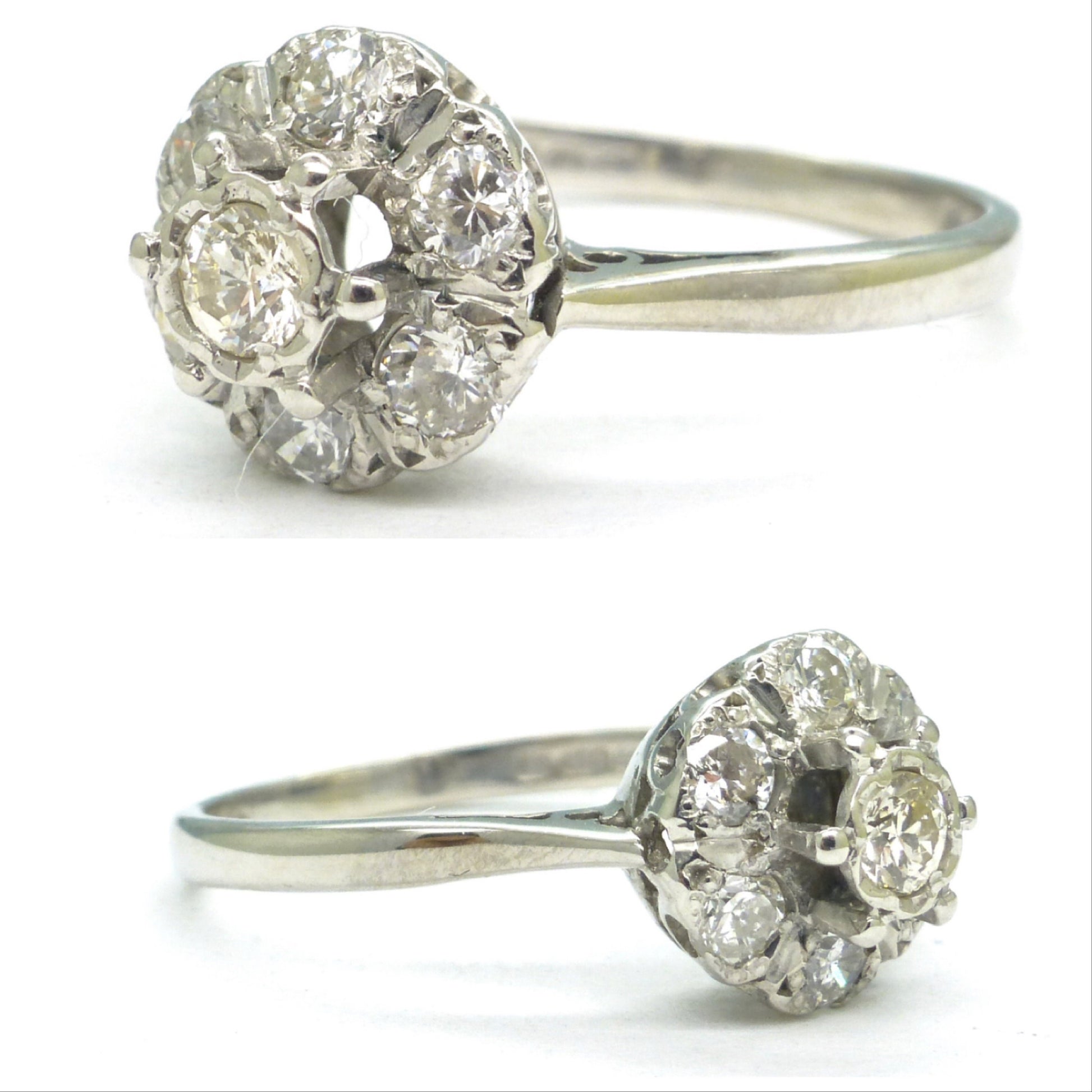 Vintage 9ct white gold diamond cluster halo engagement ring