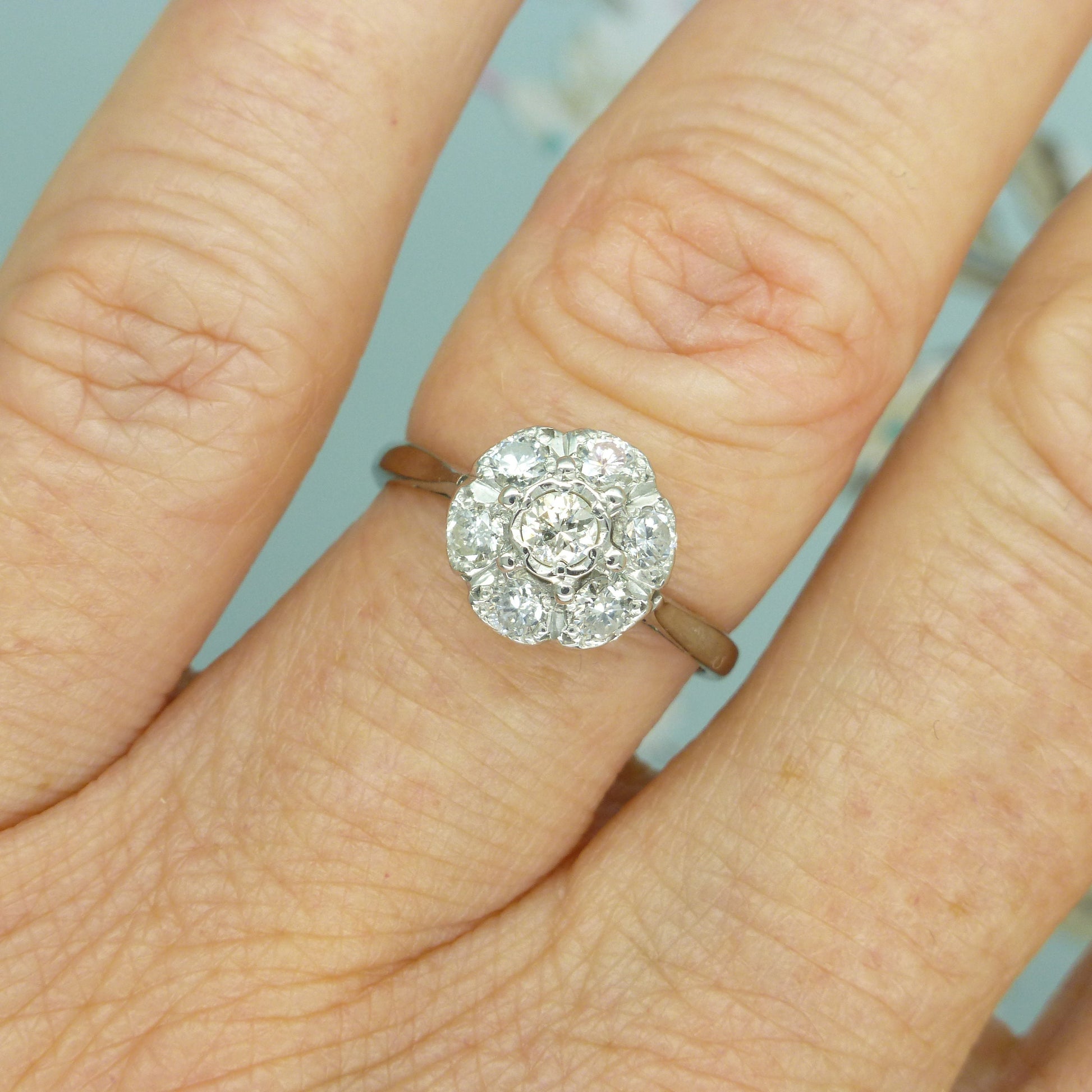 Vintage 9ct white gold diamond cluster halo engagement ring