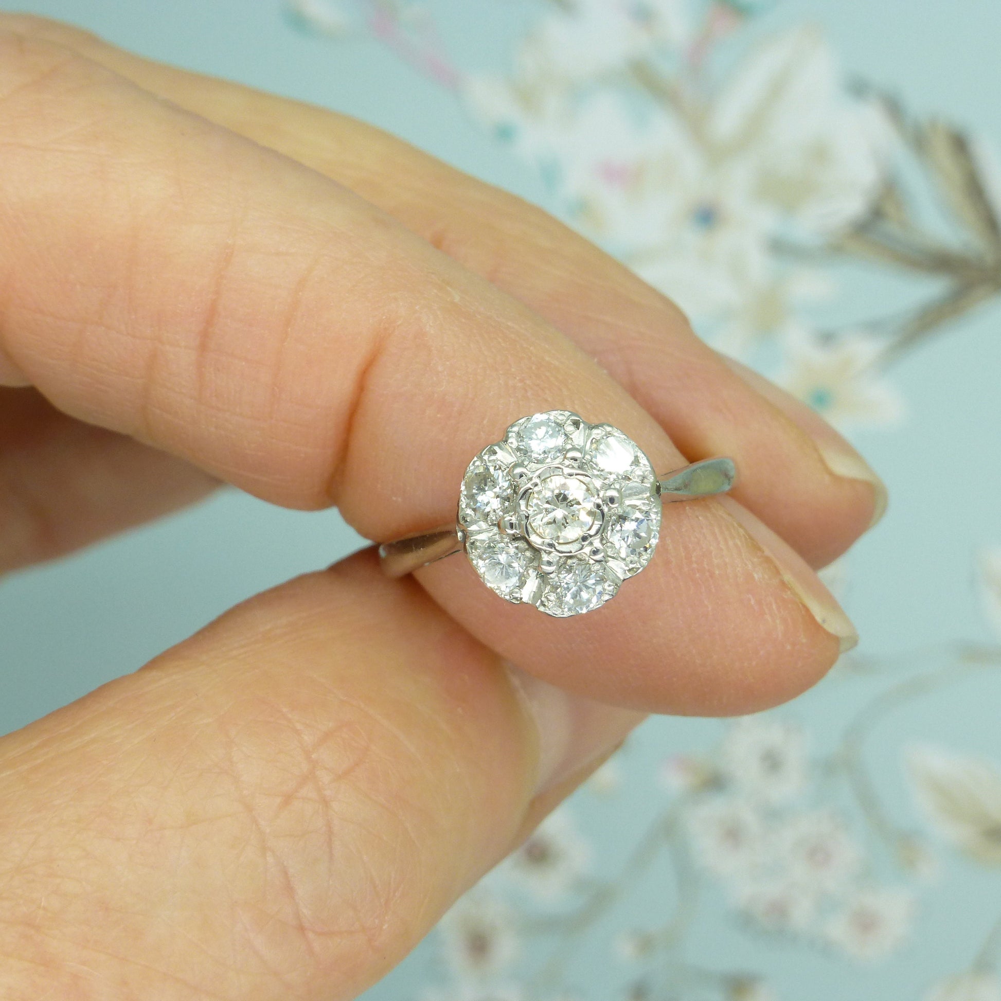 Vintage 9ct white gold diamond cluster halo engagement ring