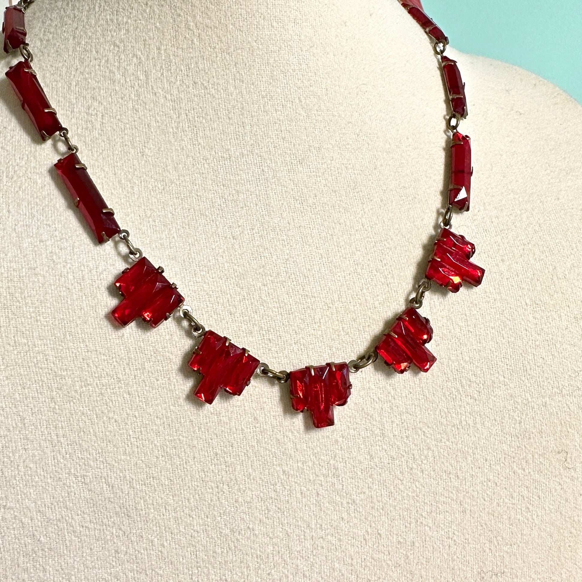 Antique Art Deco red mirror glass necklace ~ Czech vauxhall glass necklace c1920's