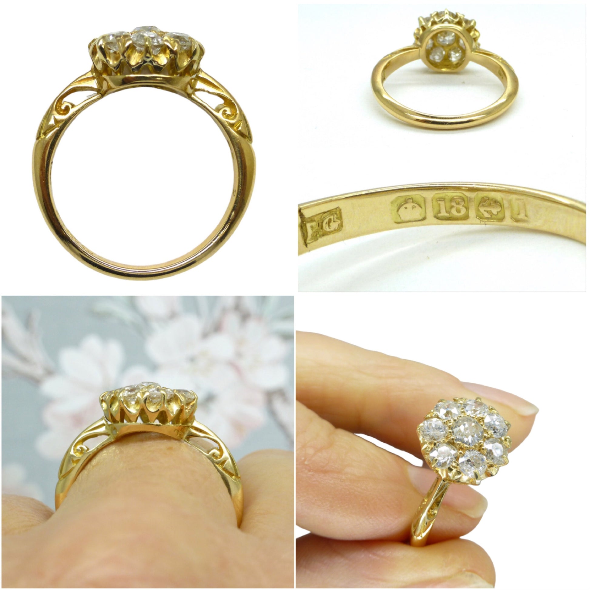 Antique Edwardian 18ct old cut diamond cluster ring 1.00 carat ~ 1910