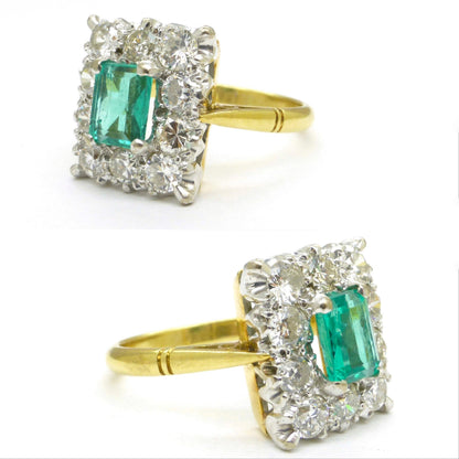 Stunning Vintage 18ct gold Emerald & Diamond cluster ring ~ With Valuation appraisal