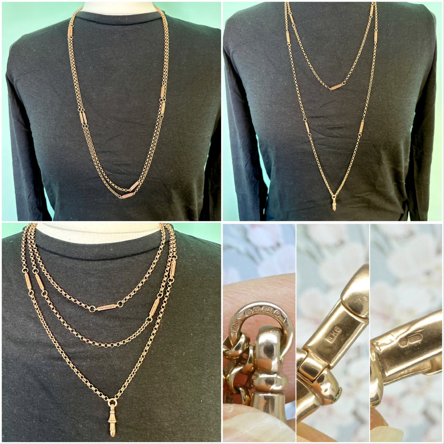 Vintage 9ct solid rose gold heavy long guard/muff neck chain & swivel/dog clip - 61ins - 42.1 grams
