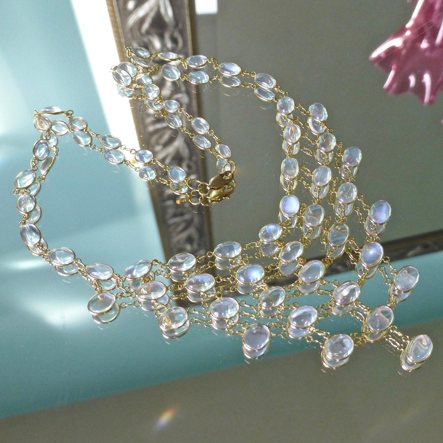Stunning vintage 14ct & 9ct gold moonstone fringe festoon necklace