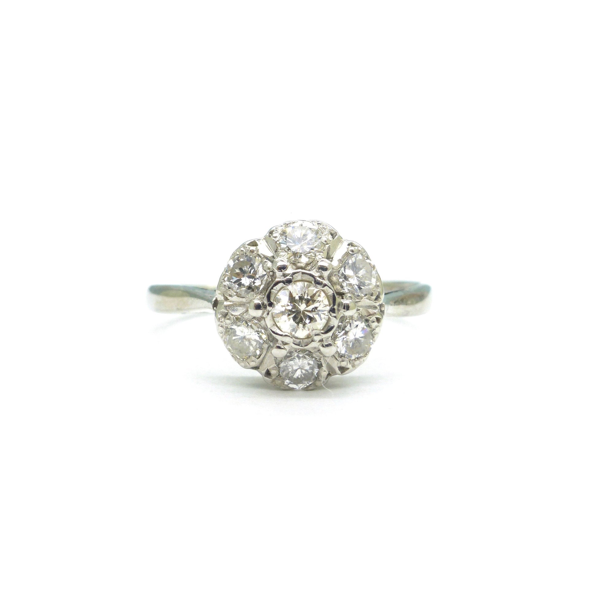 Vintage 9ct white gold diamond cluster halo engagement ring