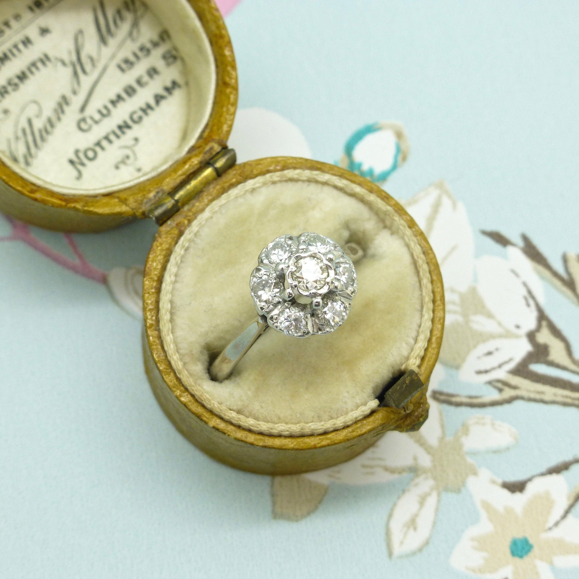 Vintage 9ct white gold diamond cluster halo engagement ring