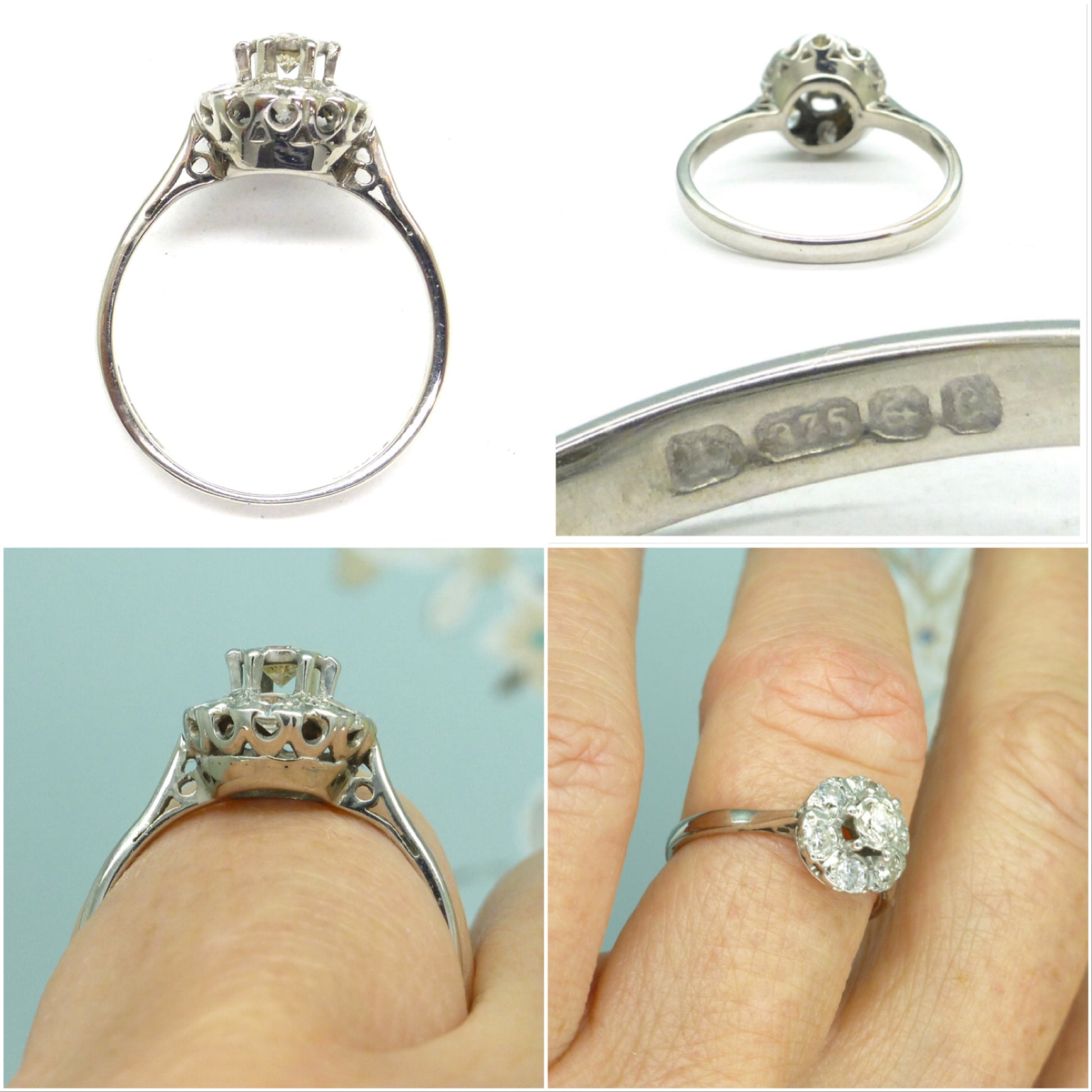 Vintage 9ct white gold diamond cluster halo engagement ring