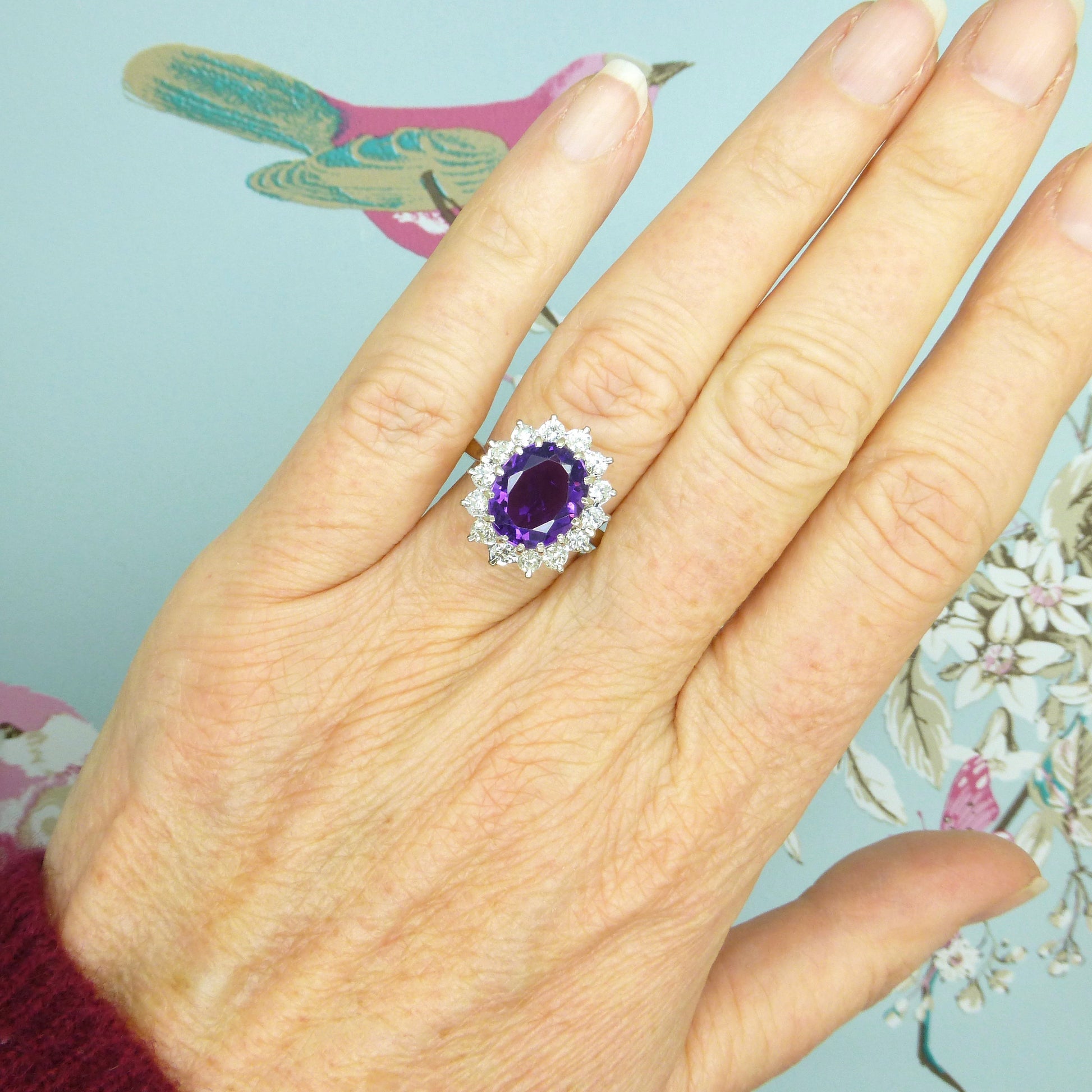 Vintage 18ct Amethyst and diamond oval cluster engagement ring 1970's ~ With Valuation