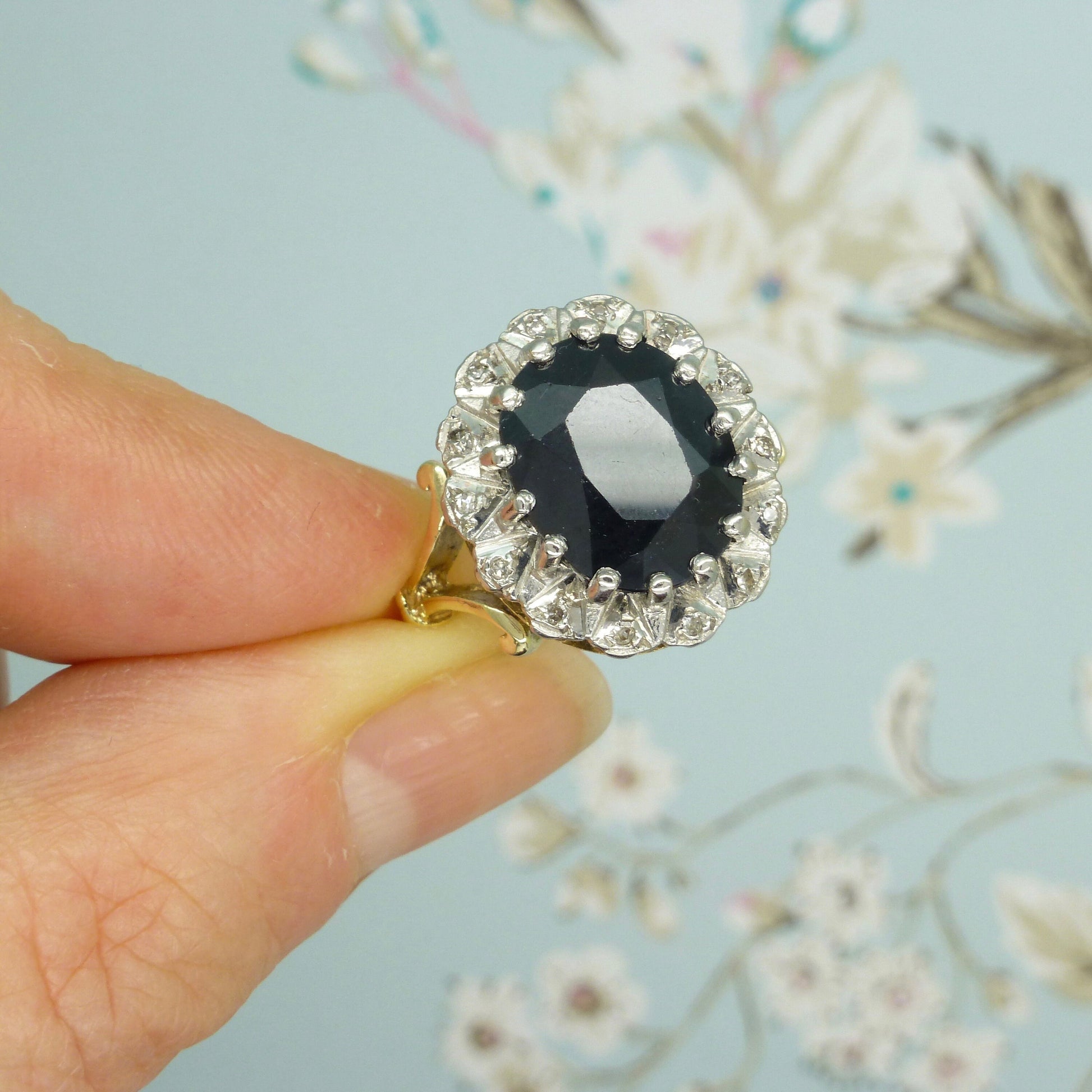 Vintage 9ct sapphire and diamond oval cluster ring ~ Princess of Wales ring
