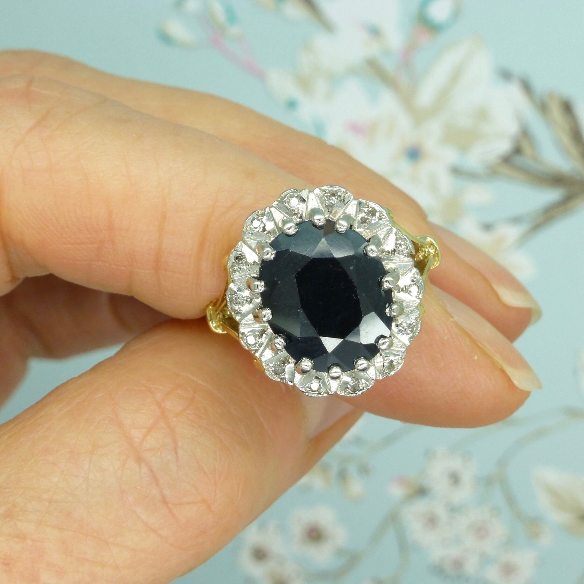 Vintage 9ct sapphire and diamond oval cluster ring ~ Princess of Wales ring