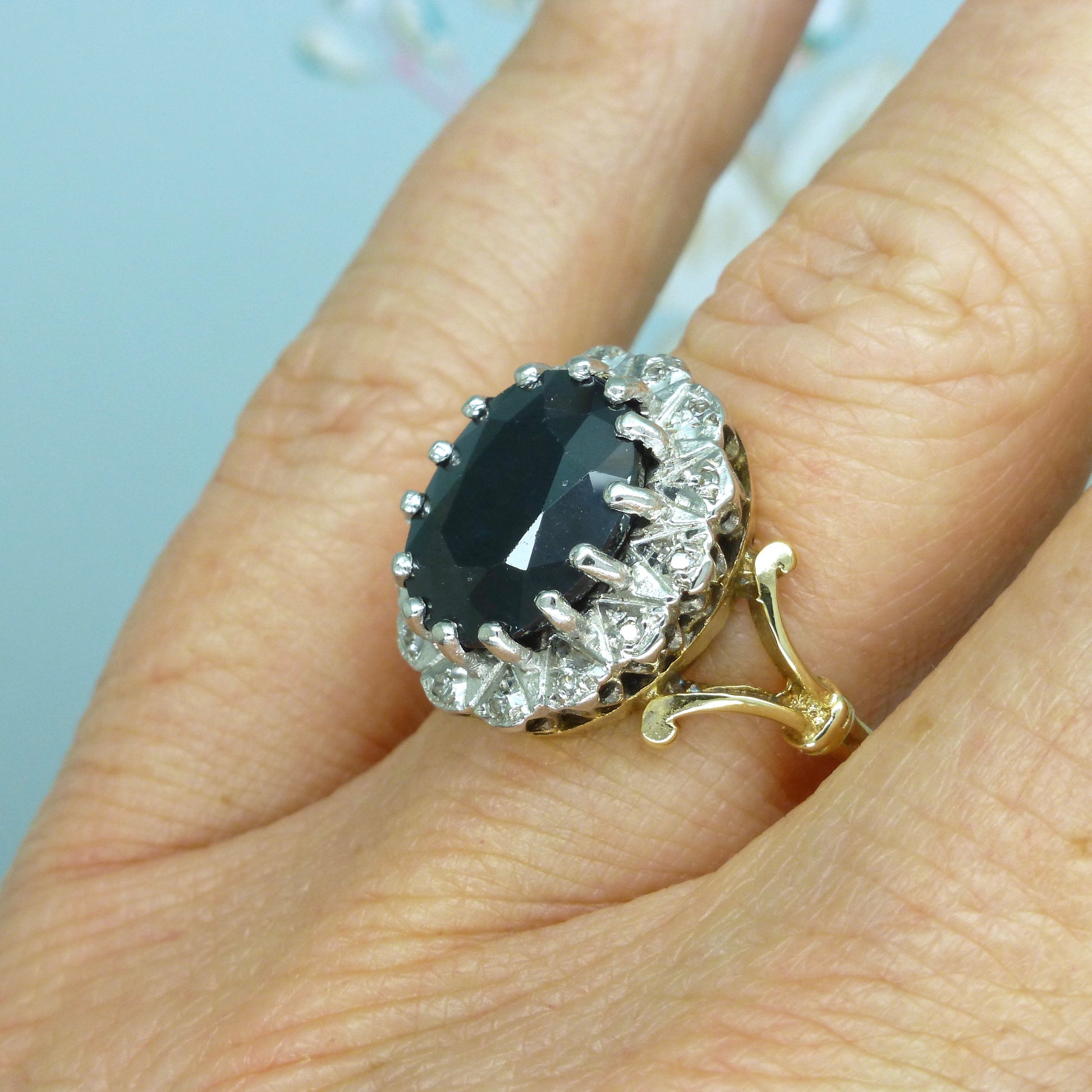 Vintage 9ct sapphire and diamond oval cluster ring ~ Princess of Wales ring