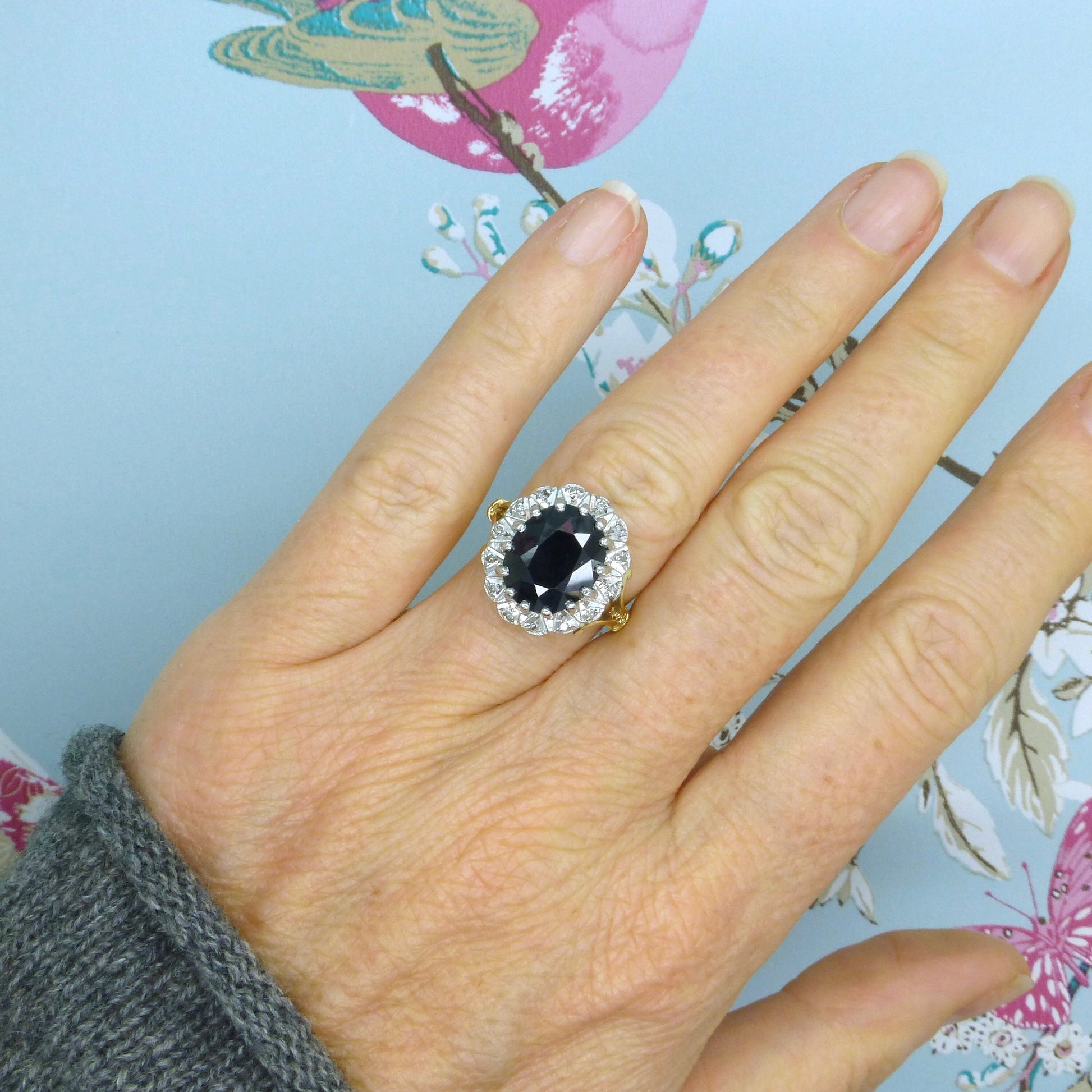 Vintage 9ct sapphire and diamond oval cluster ring ~ Princess of Wales ring