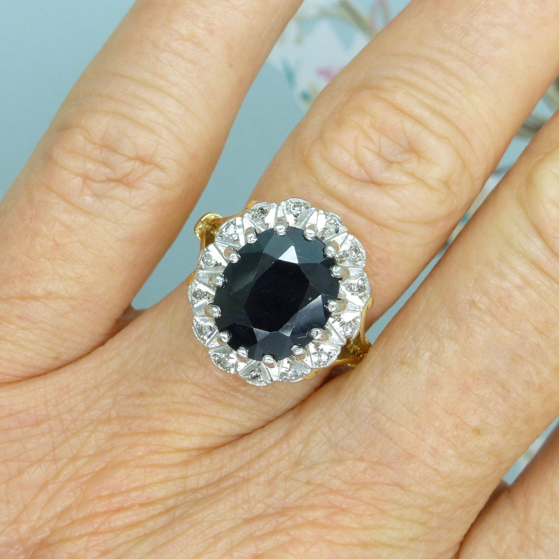 Vintage 9ct sapphire and diamond oval cluster ring ~ Princess of Wales ring