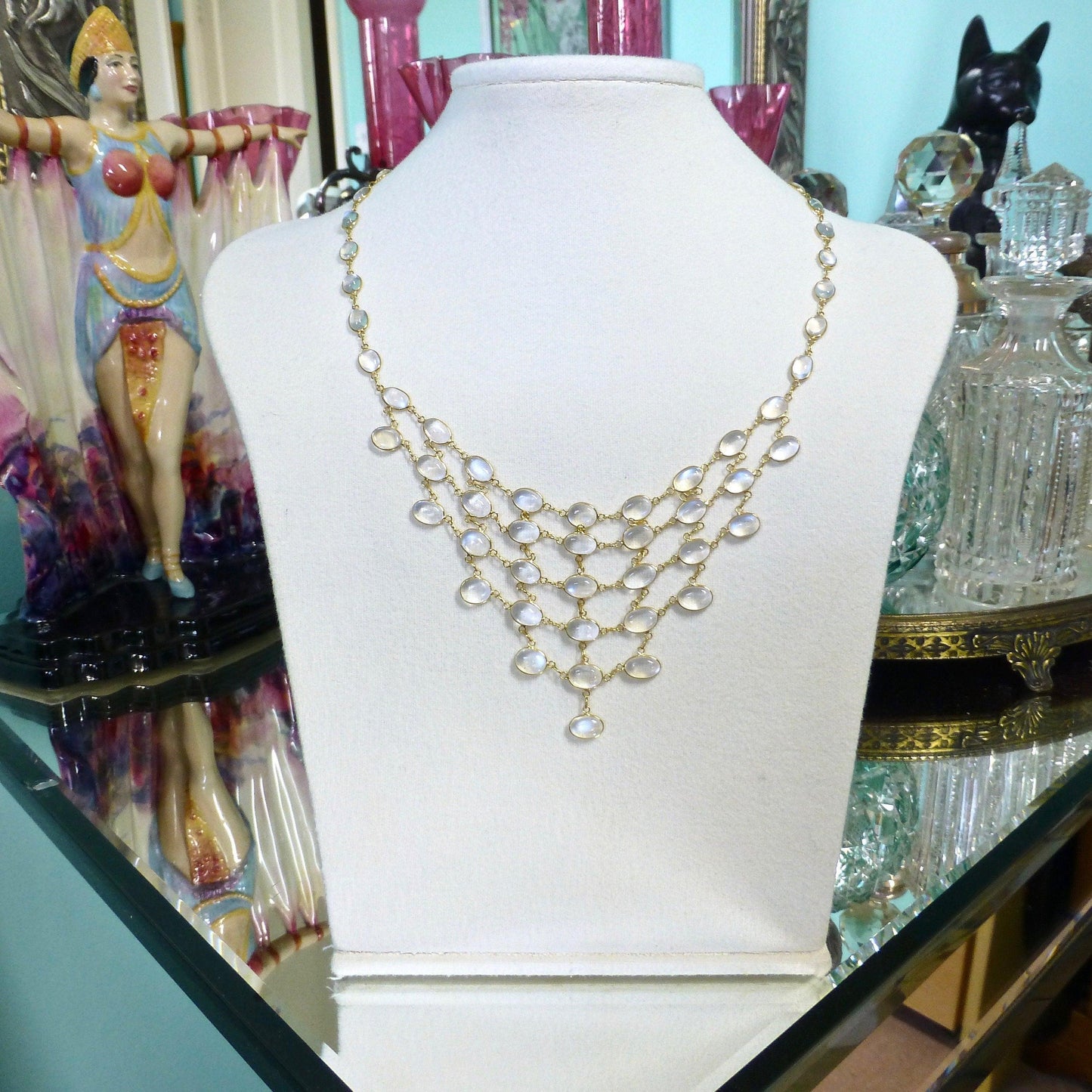 Stunning vintage 14ct & 9ct gold moonstone fringe festoon necklace