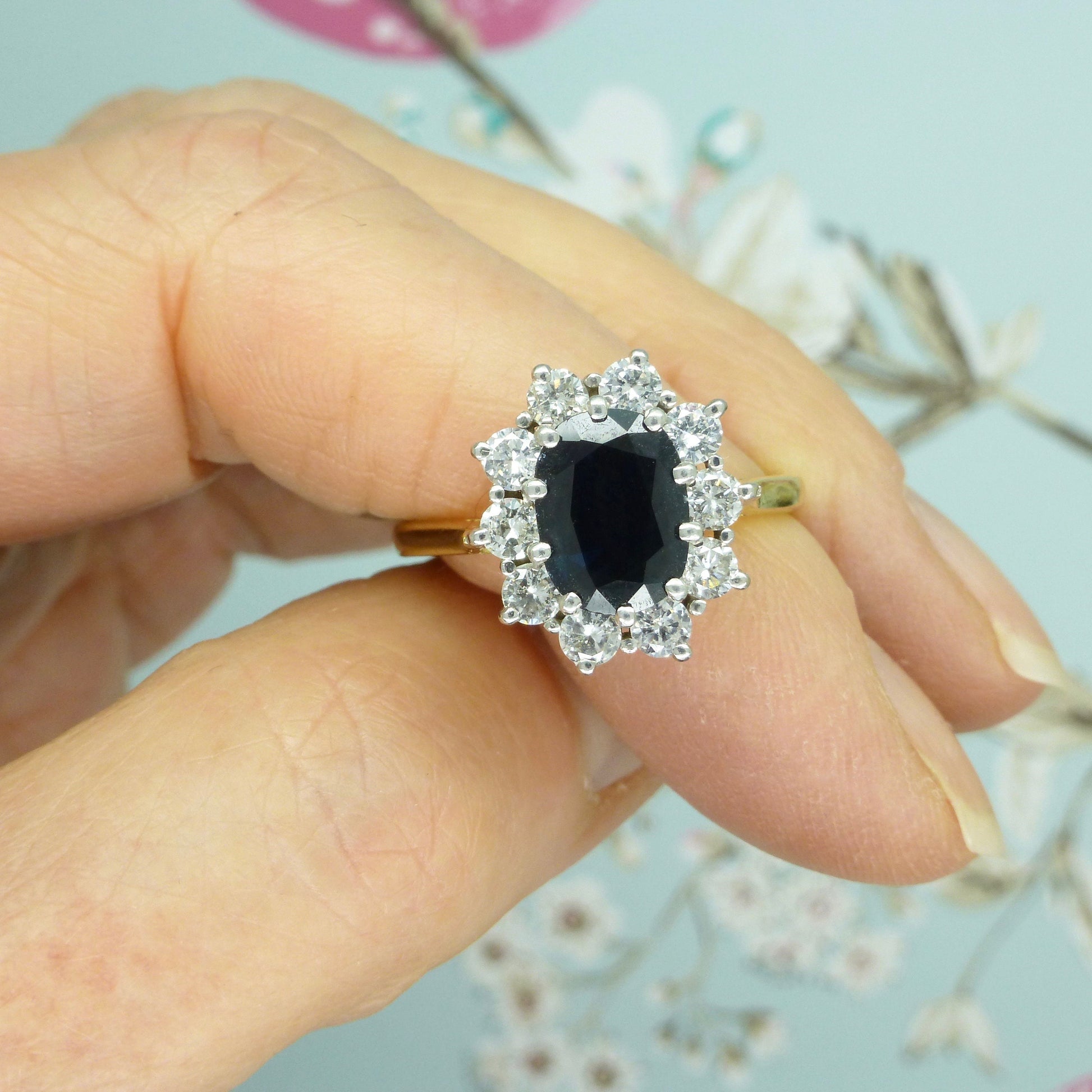 Vintage 18ct sapphire and diamond oval cluster engagement ring ~ Princess of Wales ring ~ with Valuation