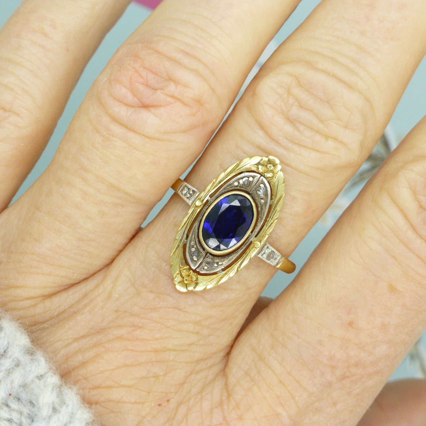 Antique Edwardian Art Nouveau 18ct Vernueil Sapphire & diamond navette ring c1910