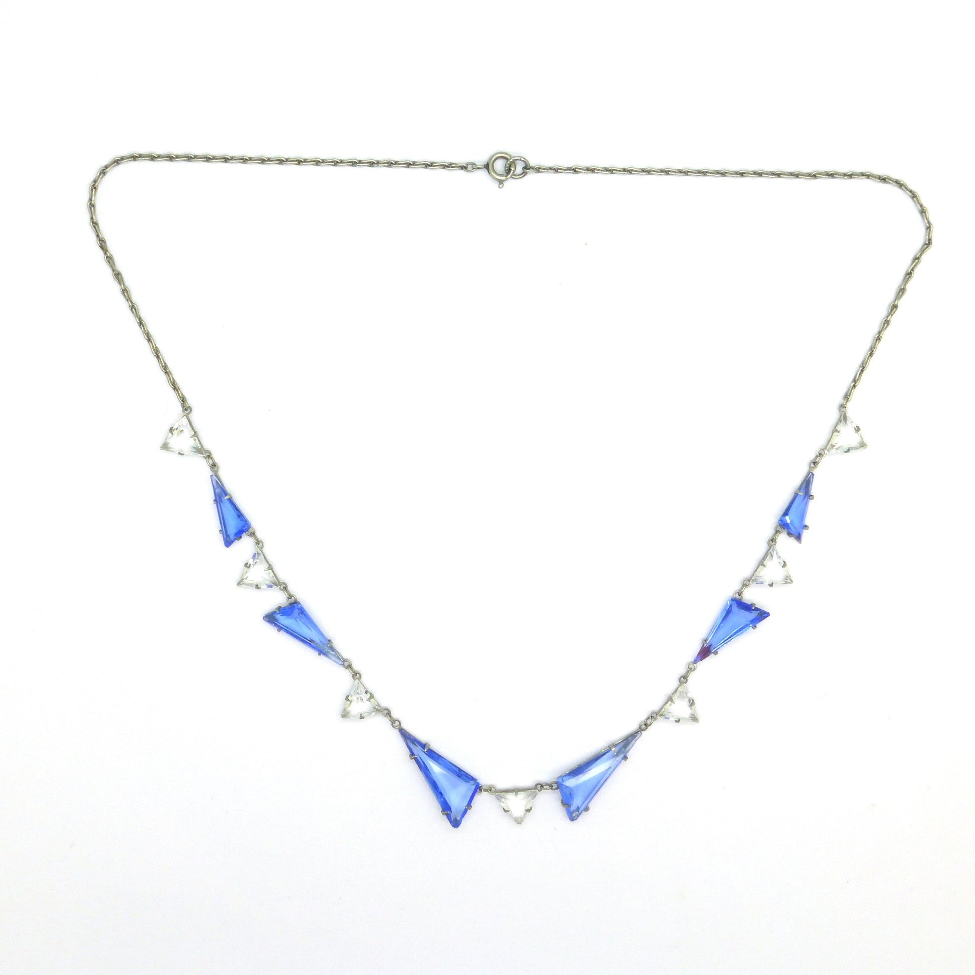 Antique Art Deco Platinon sapphire blue and clear open back crystal glass paste necklace c1920's