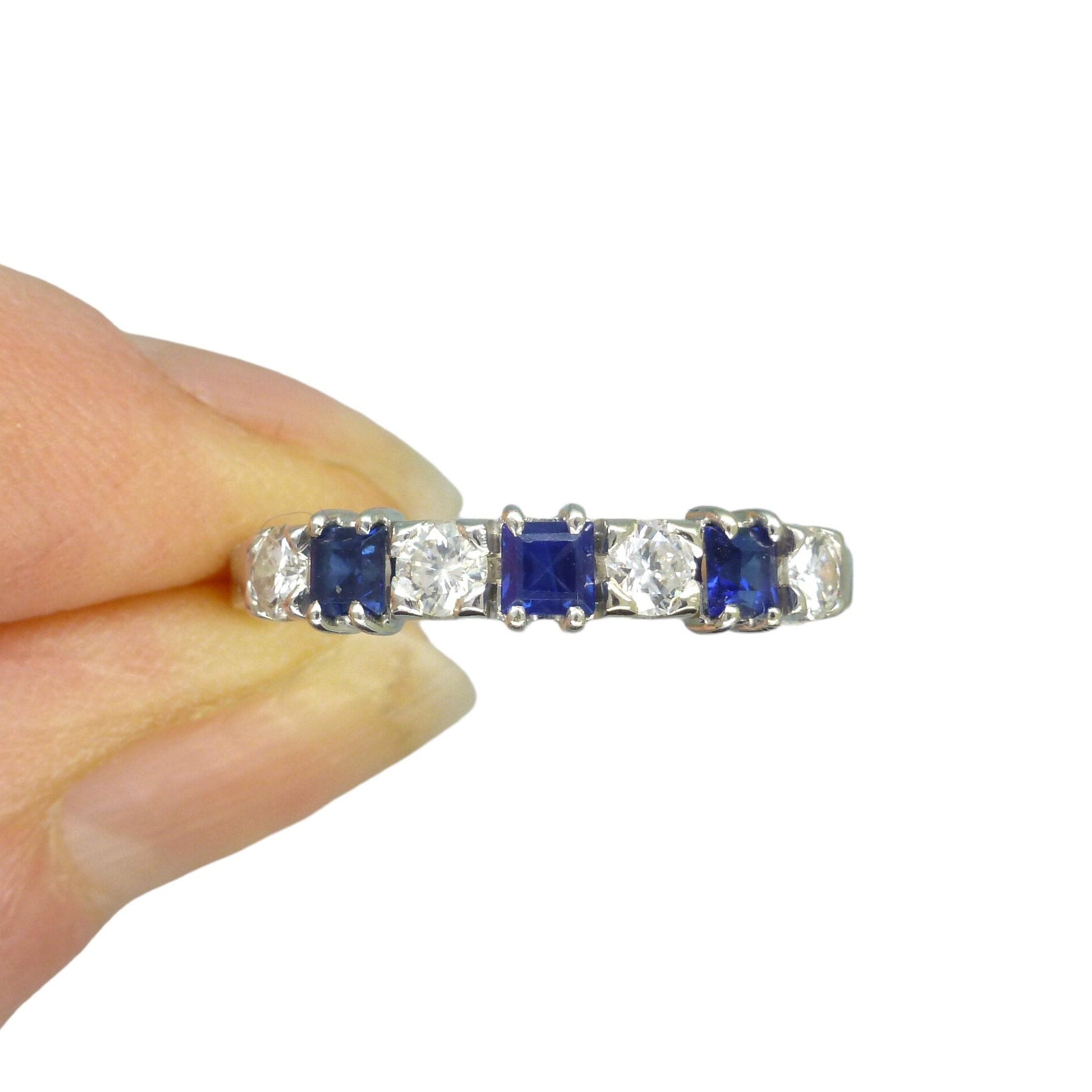 Vintage 14ct white gold cornflower blue Sapphire & Diamond seven stone half eternity ring ~ wedding band