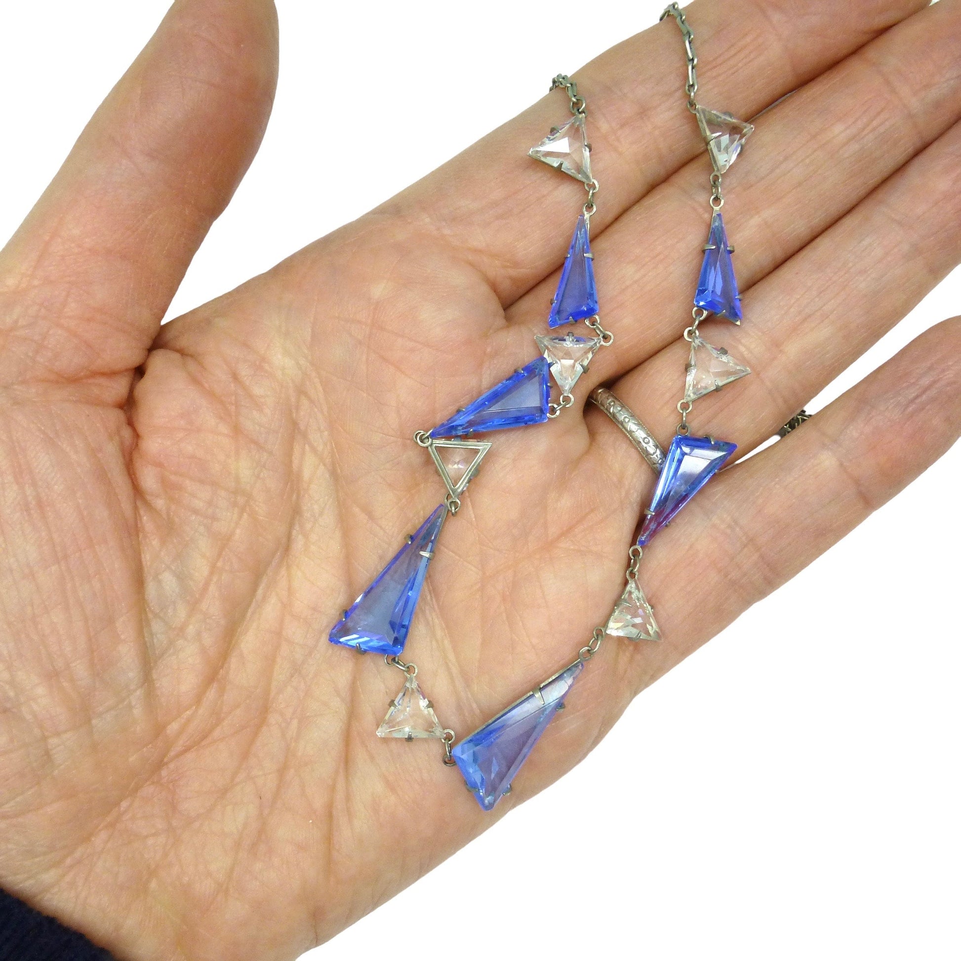 Antique Art Deco Platinon sapphire blue and clear open back crystal glass paste necklace c1920's