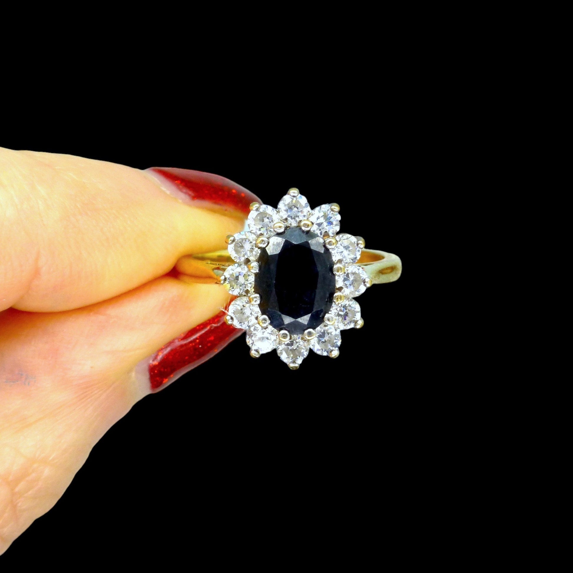 Vintage 9ct gold oval sapphire white stone cluster ring ~ Princess of Wales ~ Diana ring