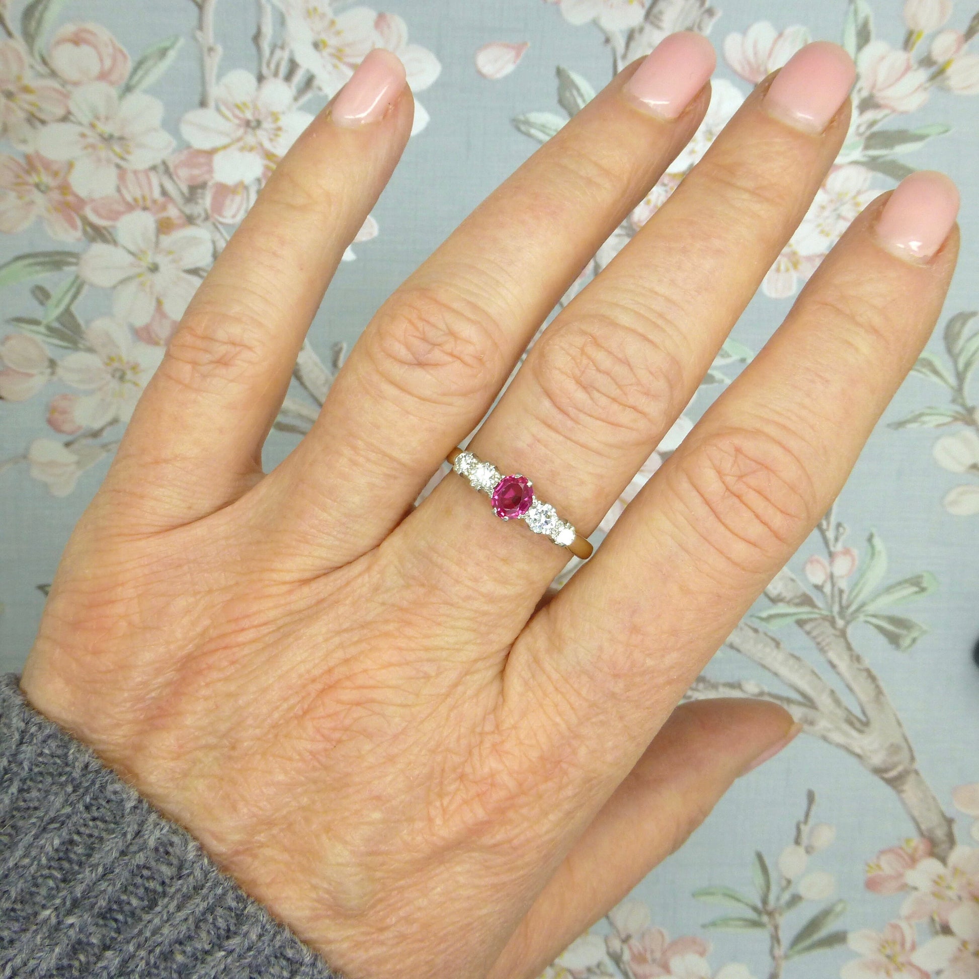 Antique Art Deco 18ct platinum verneuil ruby and diamond five stone ring c1920's